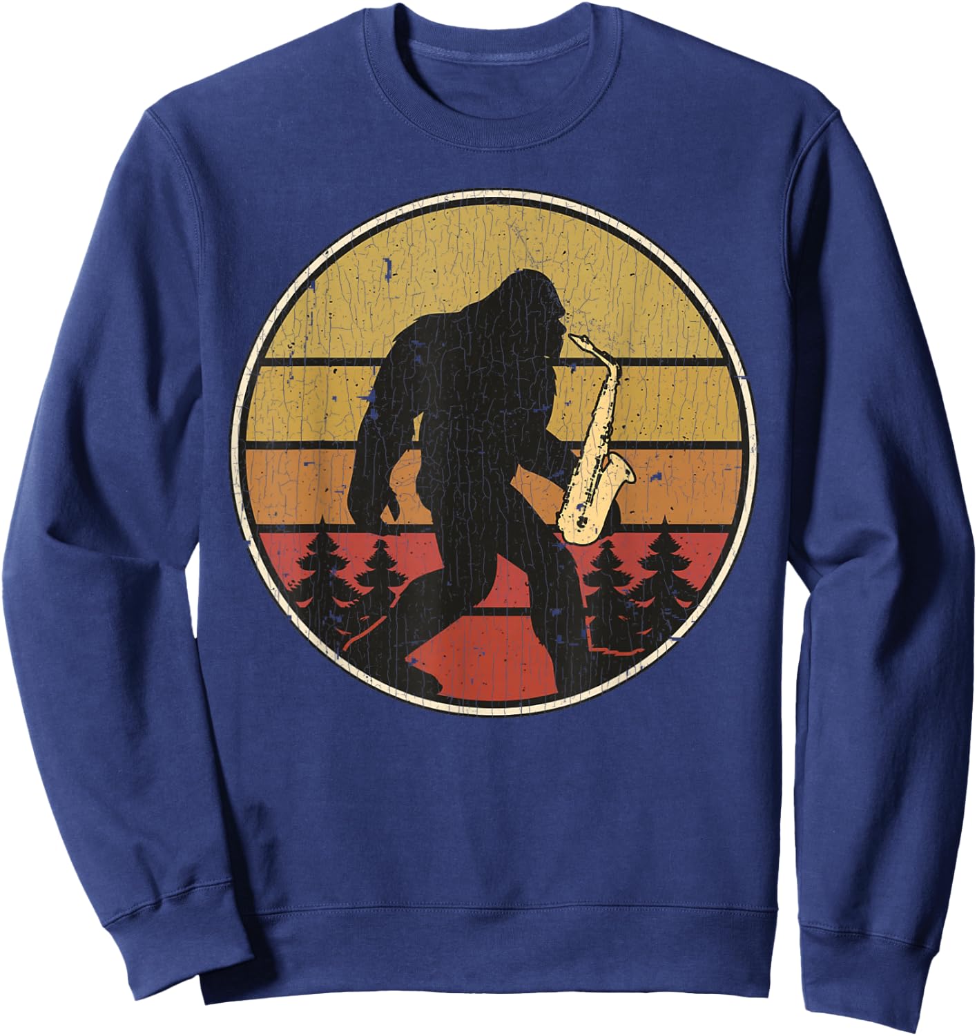 Saxsquatch Funny Bigfoot Saxophone Retro Sun Graphic Sweatshirt - Sweatshirt | Navy