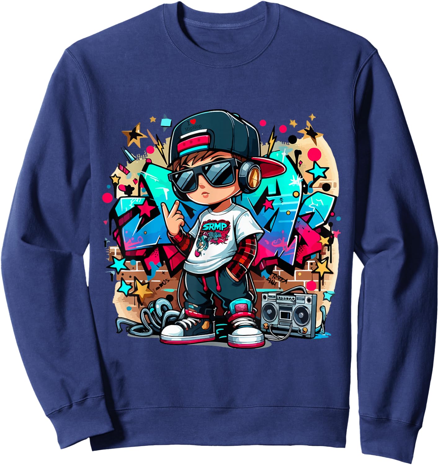 Cool Hip Hop Guy with Graffiti Illustration Graphic Style Sweatshirt - Sweatshirt | Navy