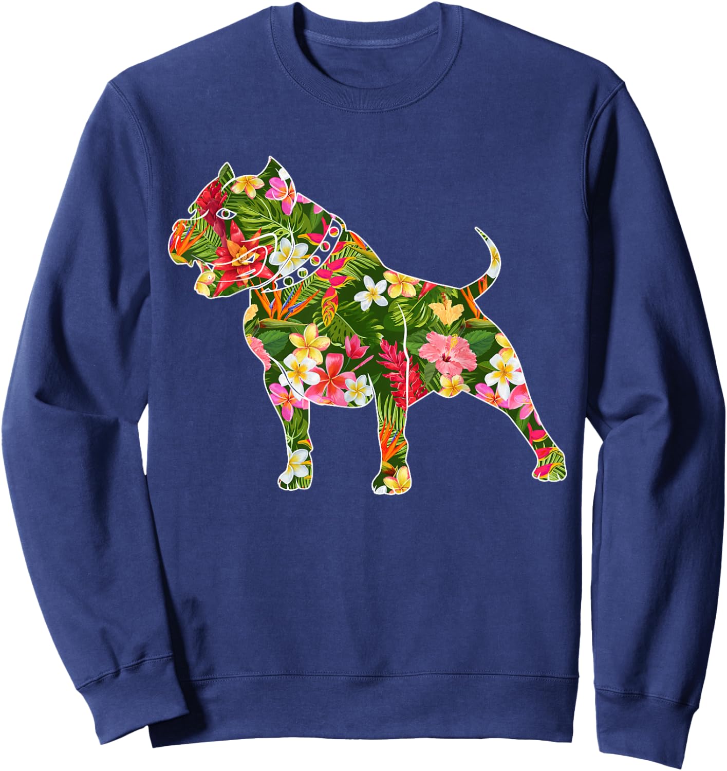 Cute Silhouette Of Pitbull Dog Hawaiian Floral Summer Vibes Sweatshirt - Sweatshirt | Navy