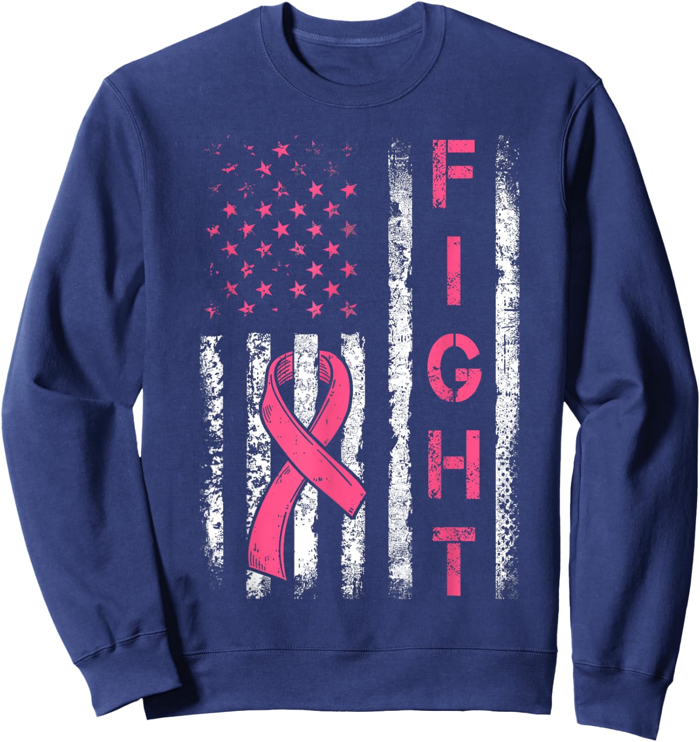 Fight Breast Cancer Awareness Pink Ribbon American Flag Sweatshirt - Sweatshirt | Navy