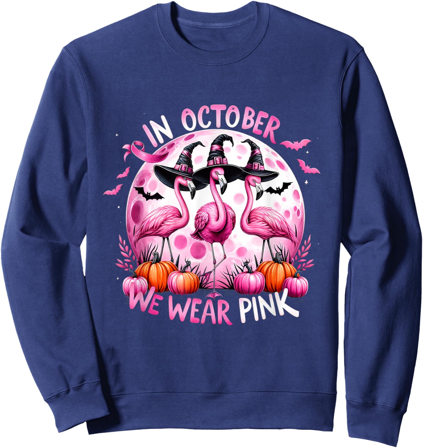 Flamingo In October We Wear Pink Breast Cancer Halloween Sweatshirt - Sweatshirt | Navy