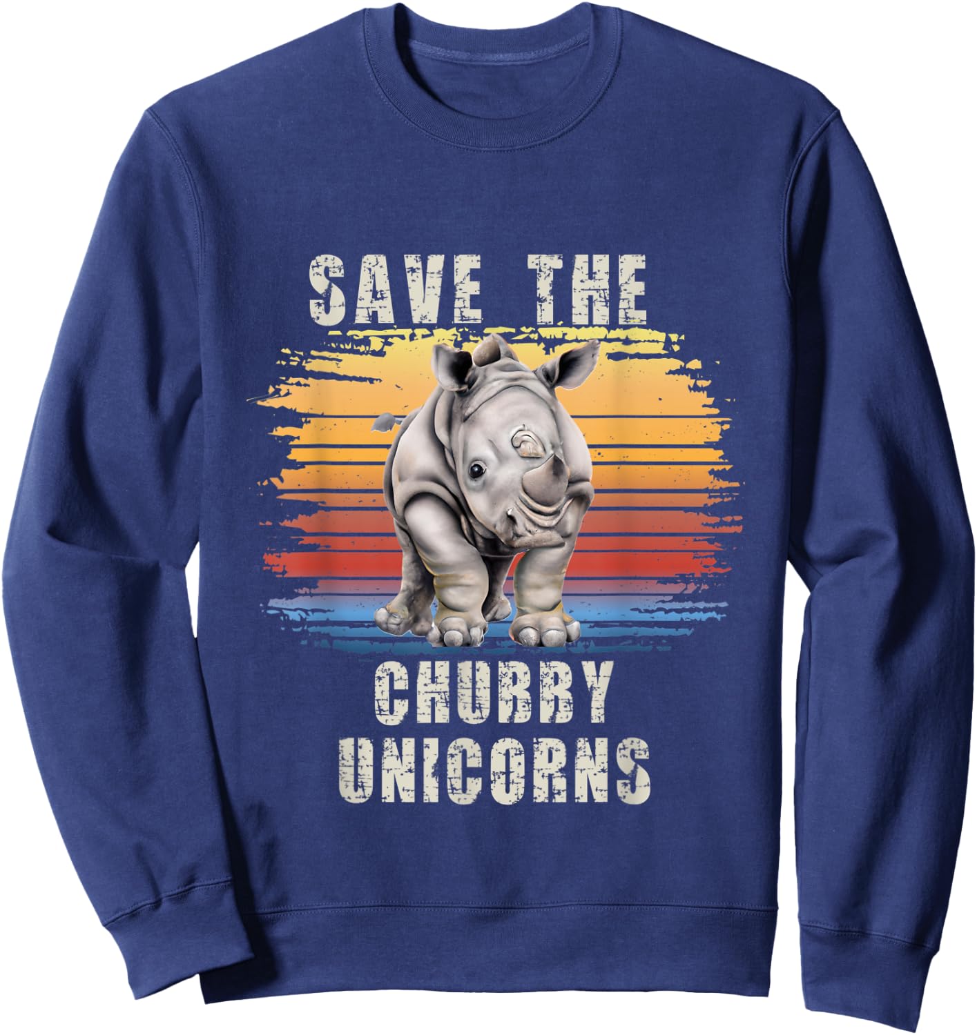 Save The Chubby Unicorns Retro Sunset Rhino Funny Sweatshirt - Sweatshirt | Navy