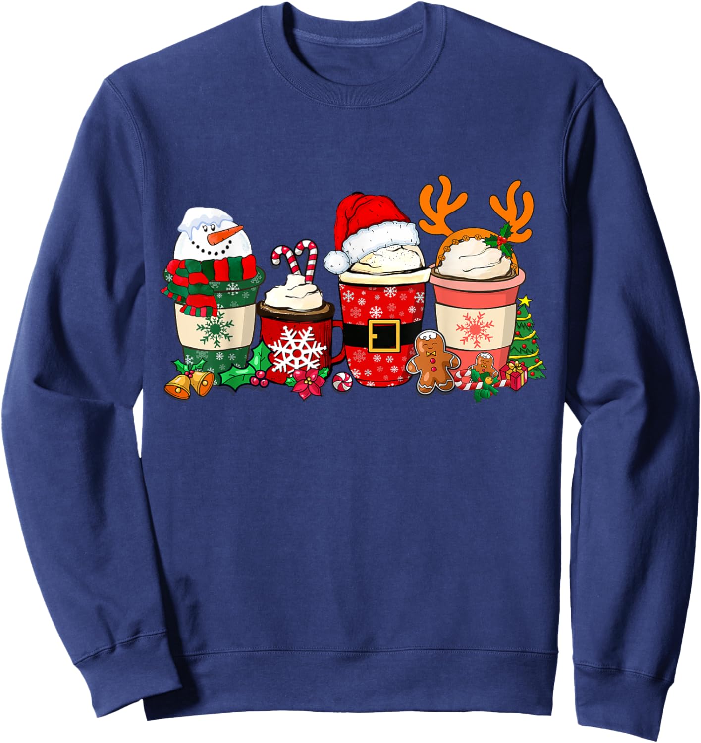 Cute Christmas Coffee Shirt Snowman Deer Santa Coffee Xmas Sweatshirt - Sweatshirt | Navy