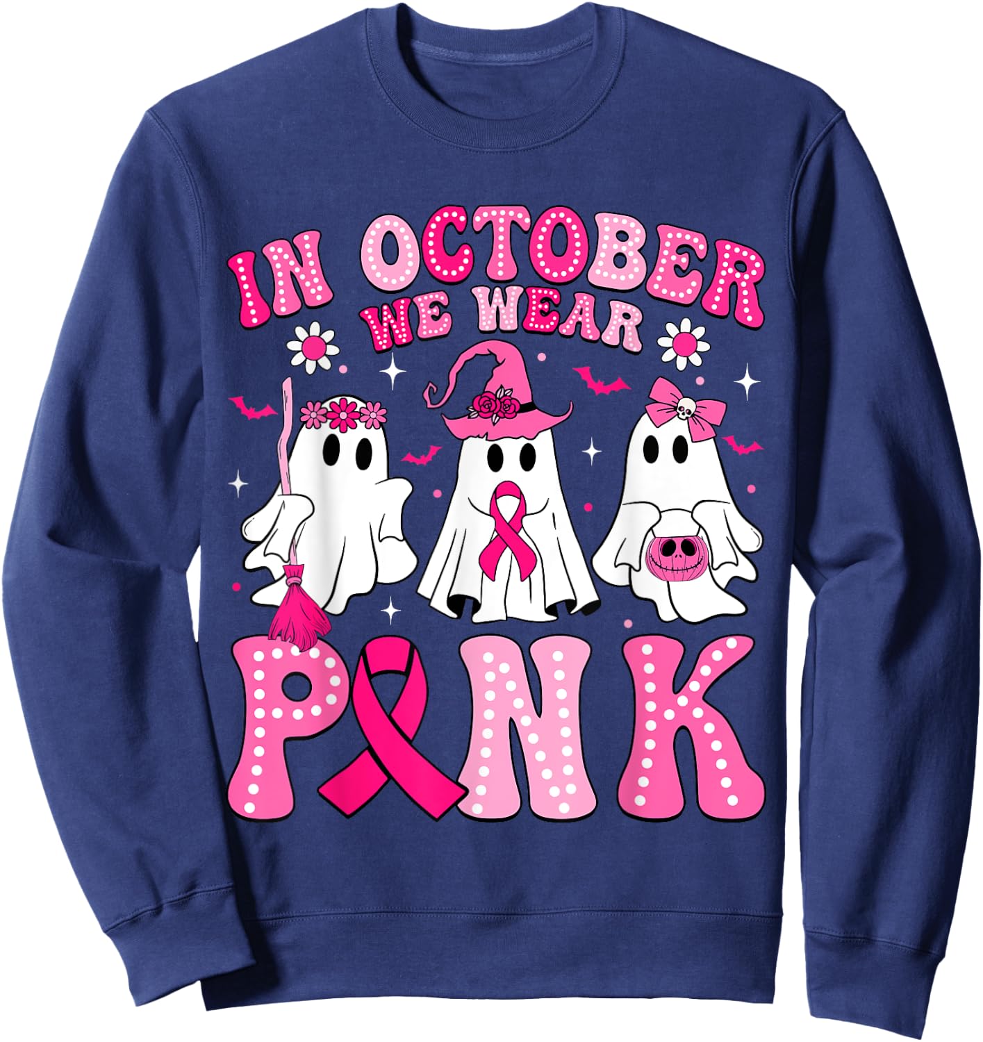 In October We Wear Pink Halloween Ghost Breast Cancer Women Sweatshirt - Sweatshirt | Navy