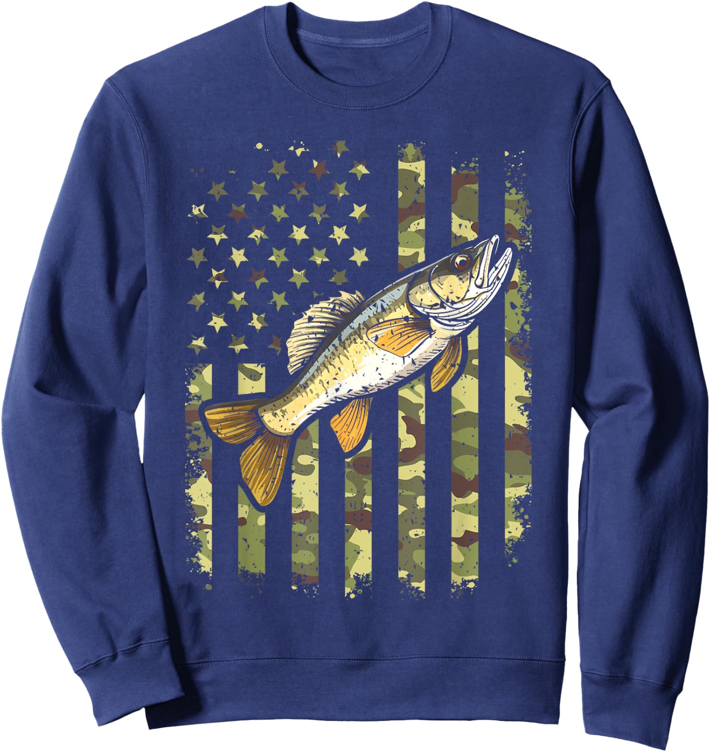 Walleye Camo American Flag, Fishing Walleye Sweatshirt - Sweatshirt | Navy