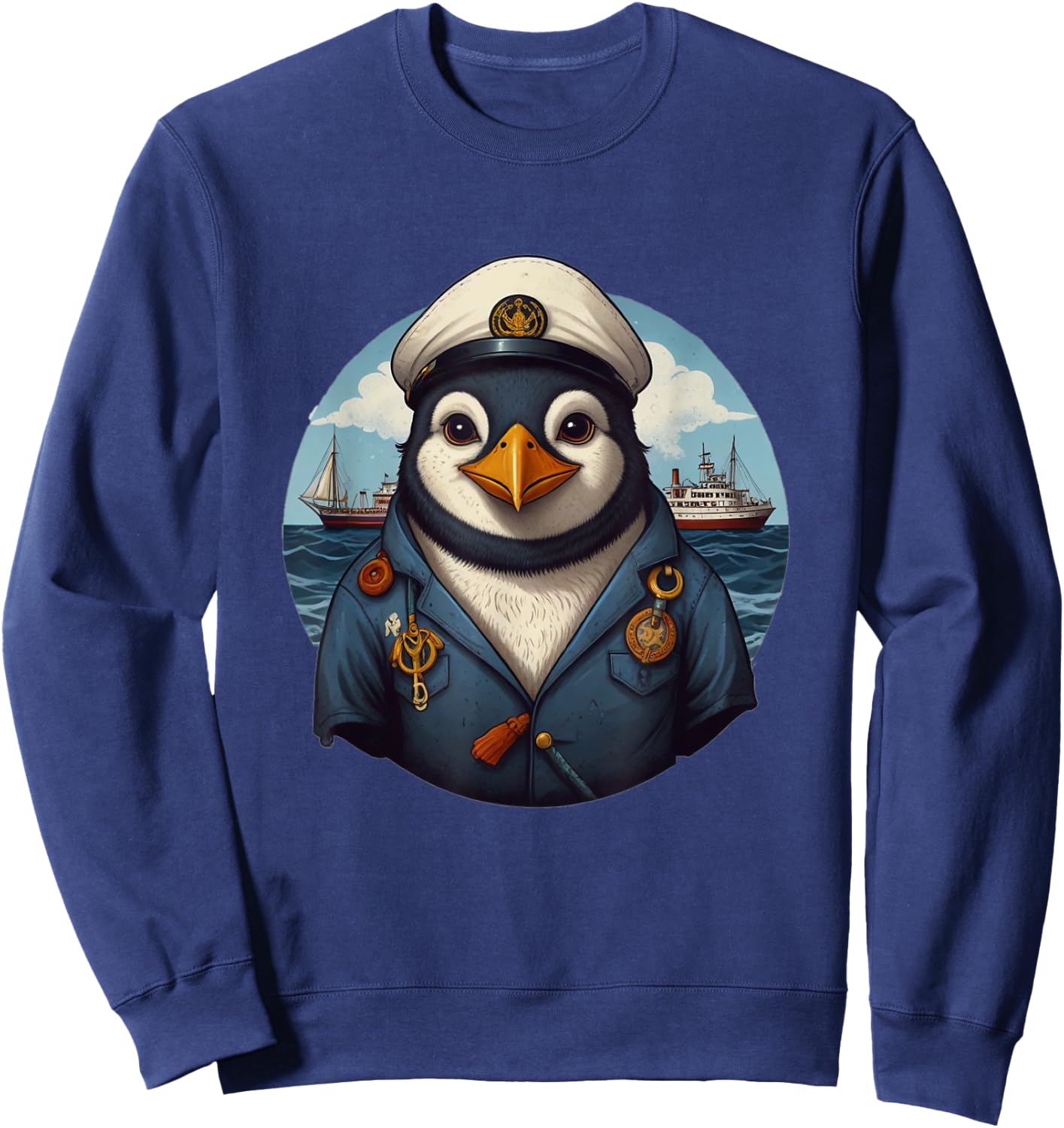 Penguin Captain Sailor on High Seas Coast Ship Anchor Sweatshirt - Sweatshirt | Navy