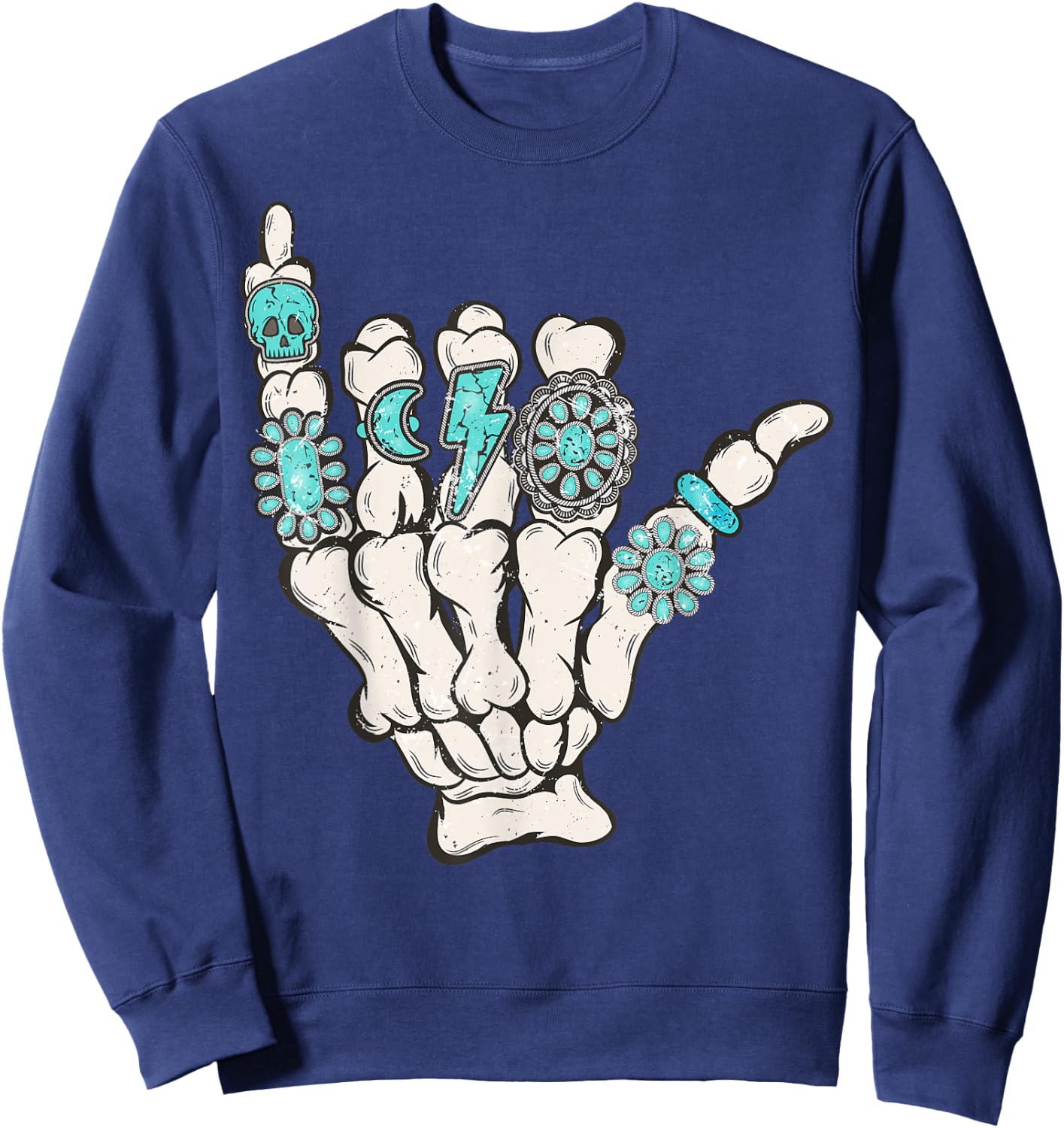 Skeleton Turquoise Hand Western Rodeo Cowboy Cowgirl Sweatshirt - Sweatshirt | Navy
