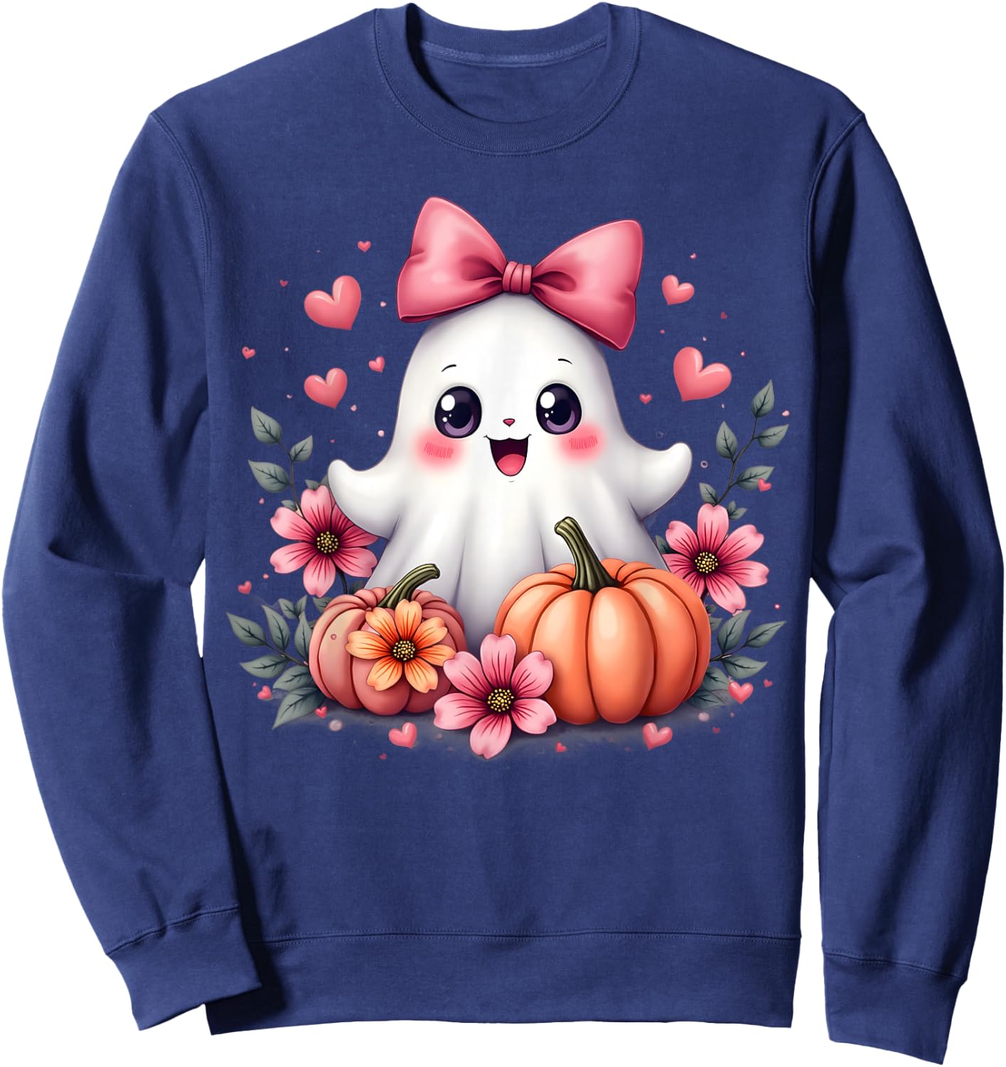 Cute Kawaii Ghost with Pink Bow Halloween Pumpkin Flowers Sweatshirt - Sweatshirt | Navy