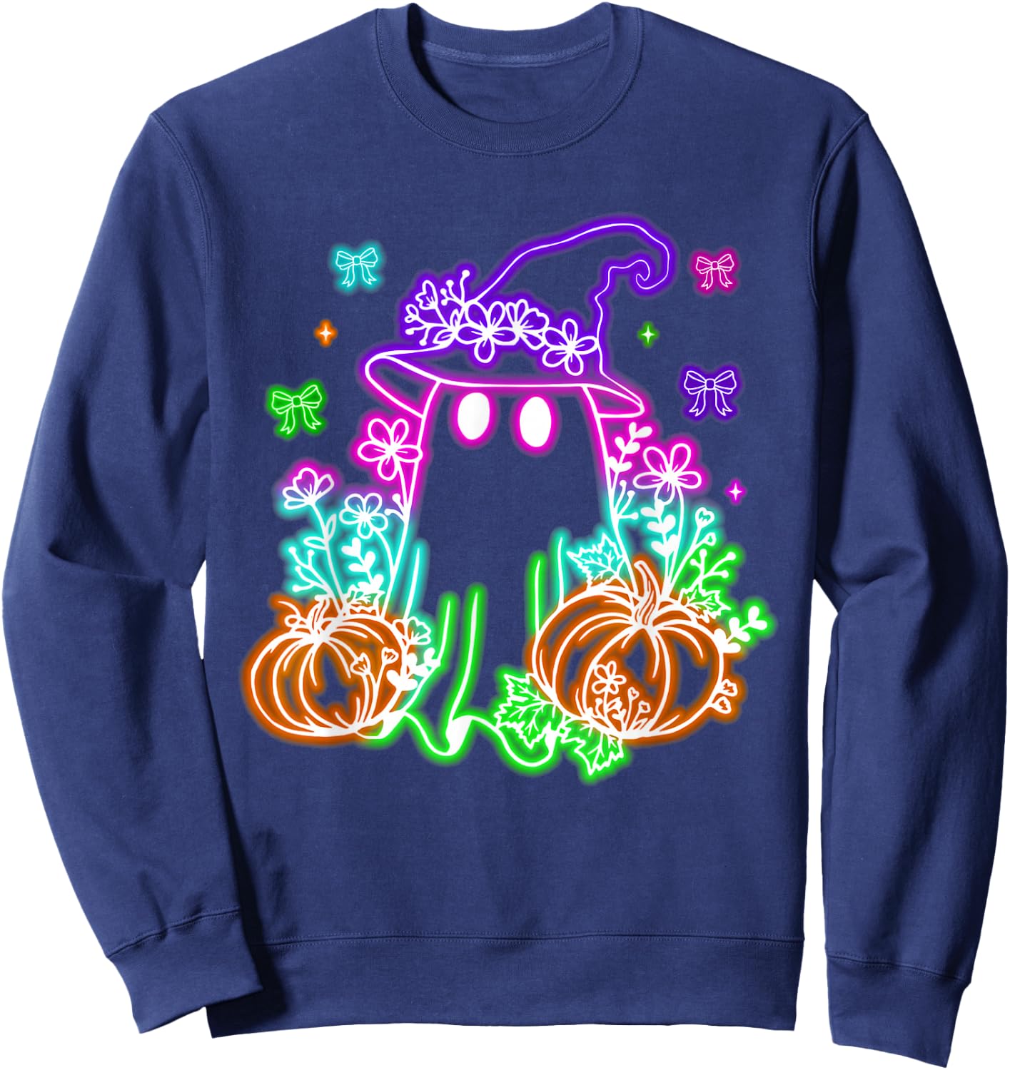 Cute Boo Halloween Ghost Witch Pumpkin Trendy Halloween Neon Sweatshirt - Sweatshirt | Navy