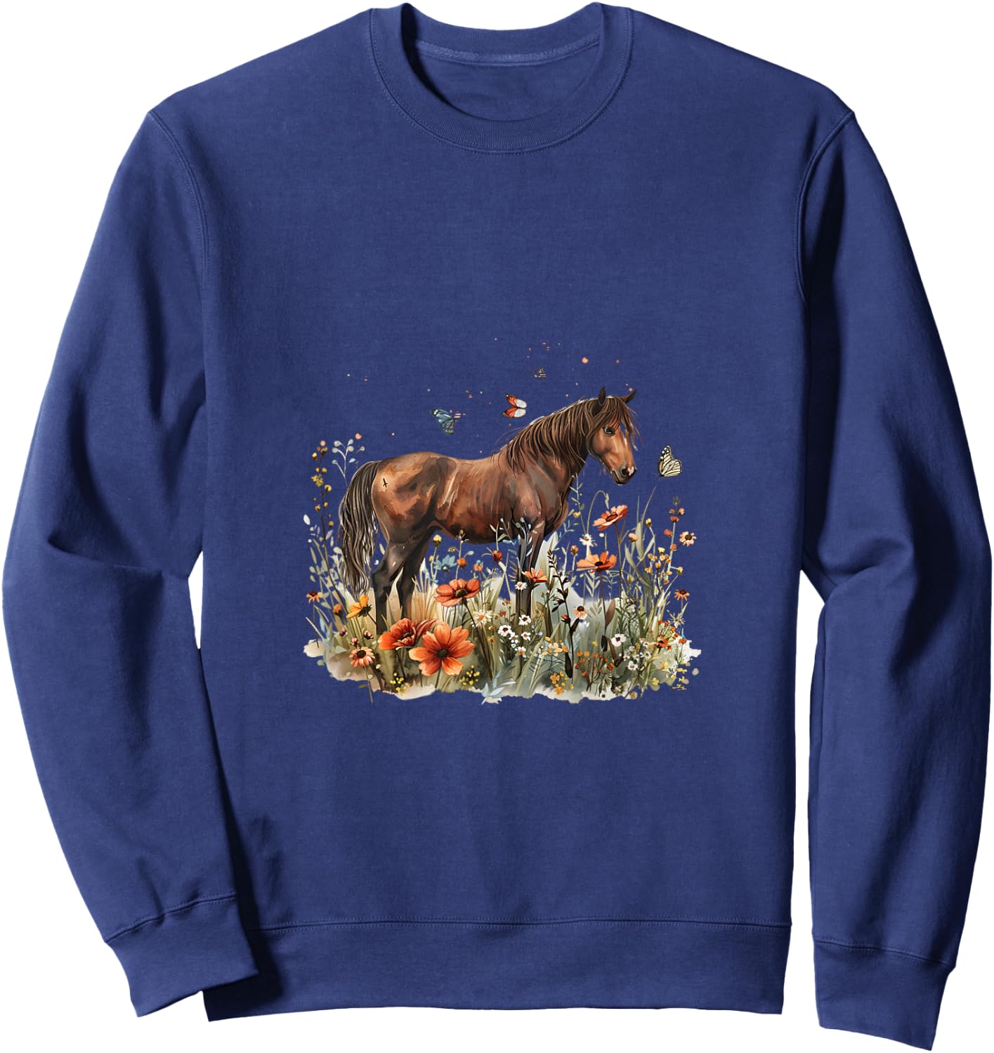 Horse in Flower Meadow with Butterflies Sweatshirt - Sweatshirt | Navy