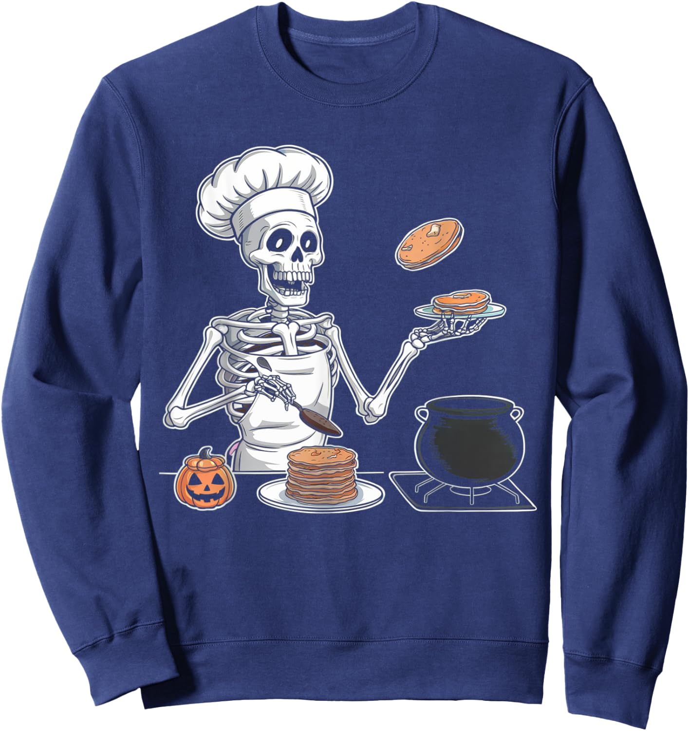 Skeleton Cooking Halloween Shirt Spooky Chef Pancakes Cook Sweatshirt - Sweatshirt | Navy