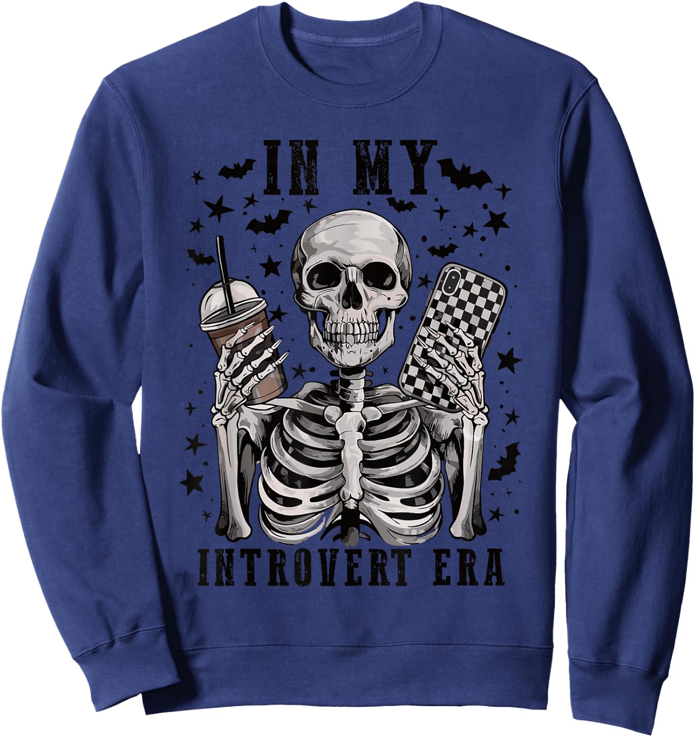 In My Introvert Era Retro Halloween Skeleton Coffee Sweatshirt - Sweatshirt | Navy