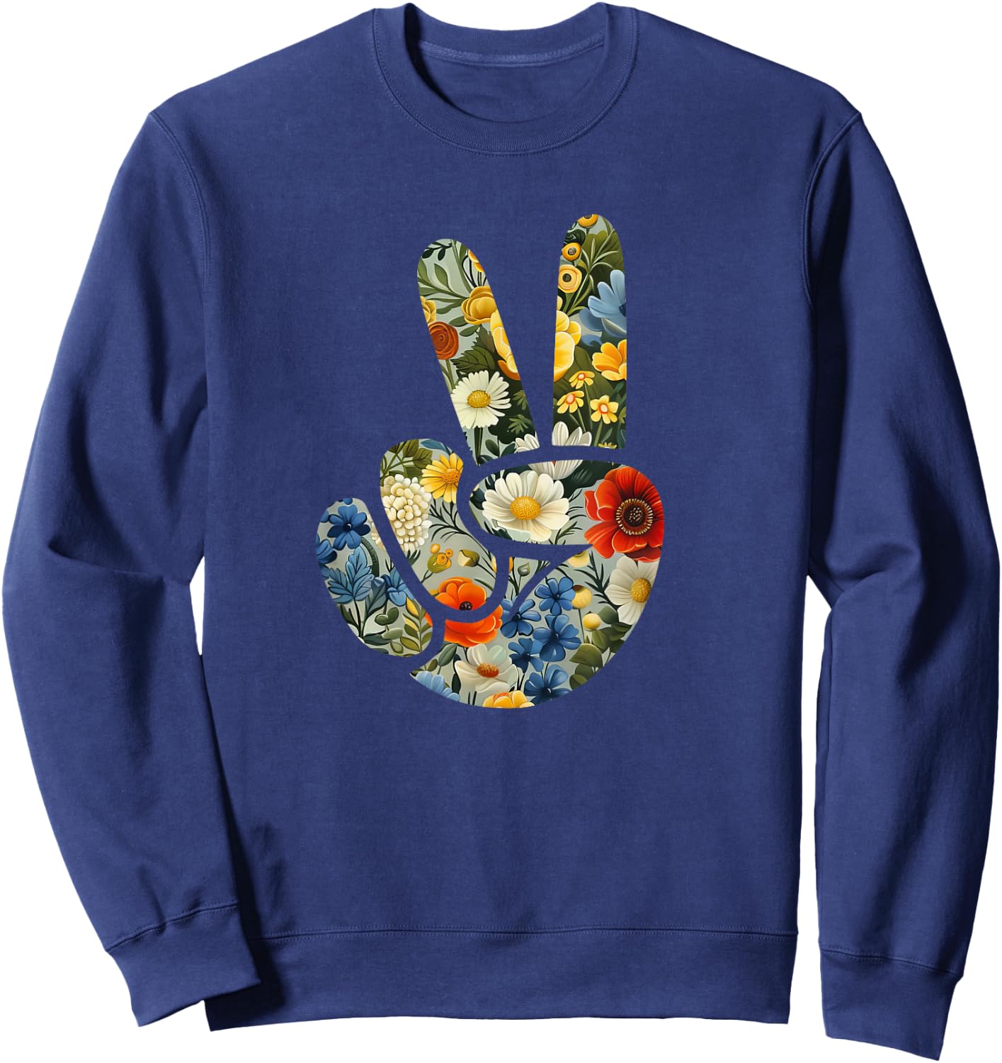 Elegant Silhouette Wildflowers Floral Peace Sign Hand Sweatshirt - Sweatshirt | Navy