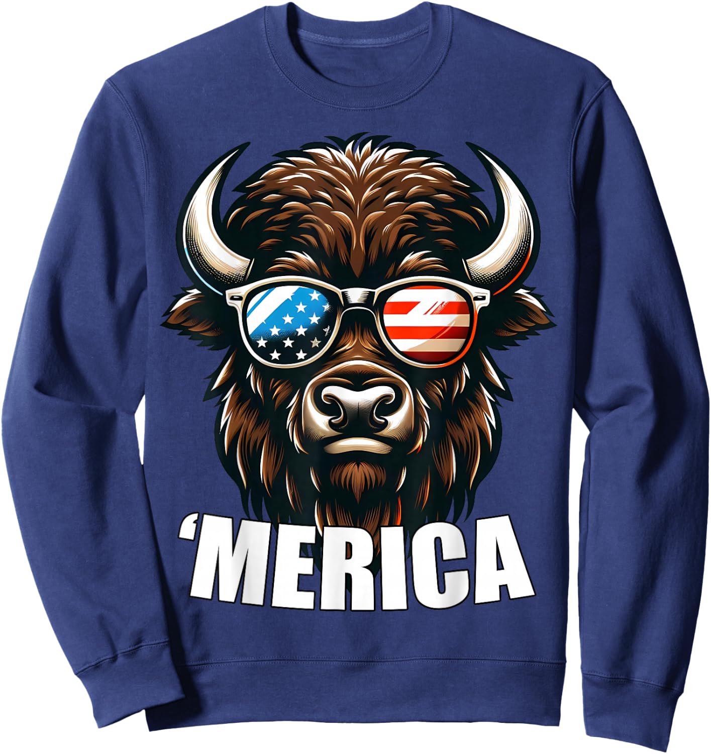 Merica Bison Funny American Patriotic USA 4th of July Sweatshirt - Sweatshirt | Navy