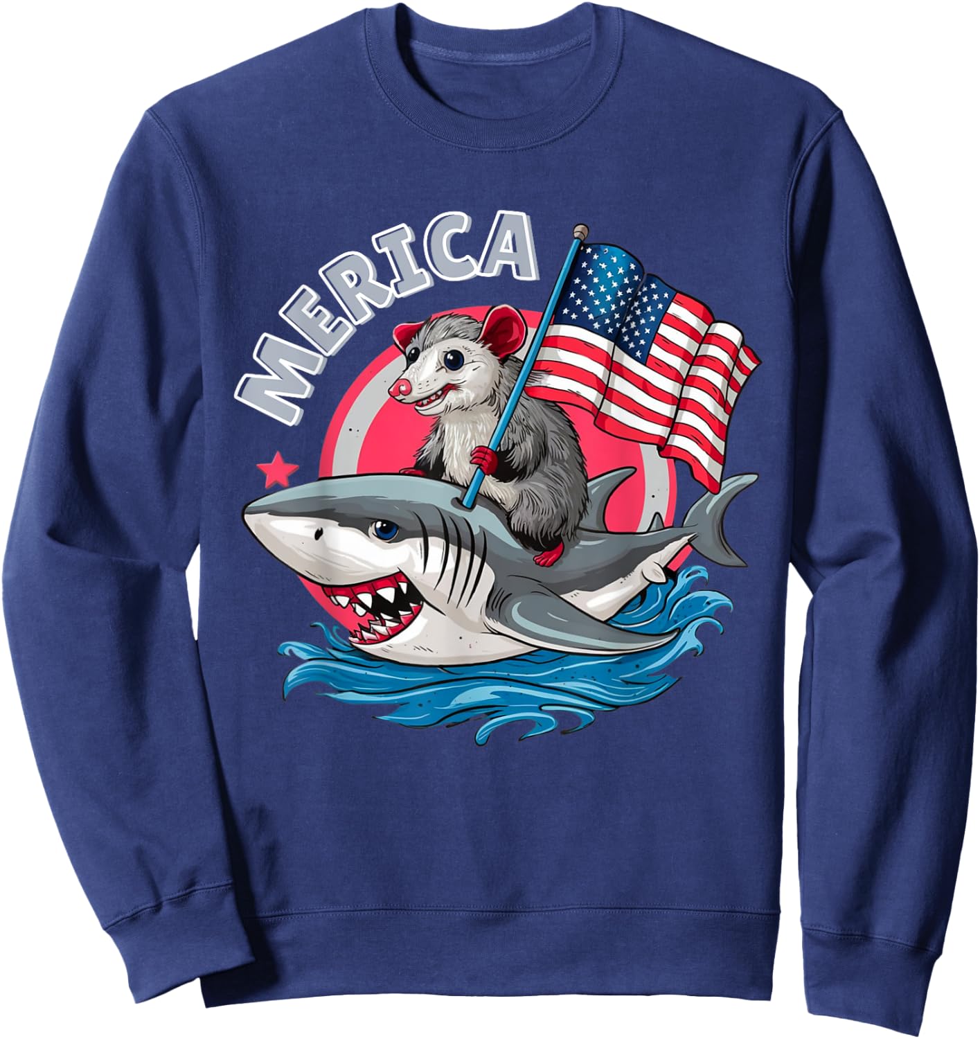 Funny Opossum Riding Shark American Flag USA 4th of July Sweatshirt - Sweatshirt | Navy