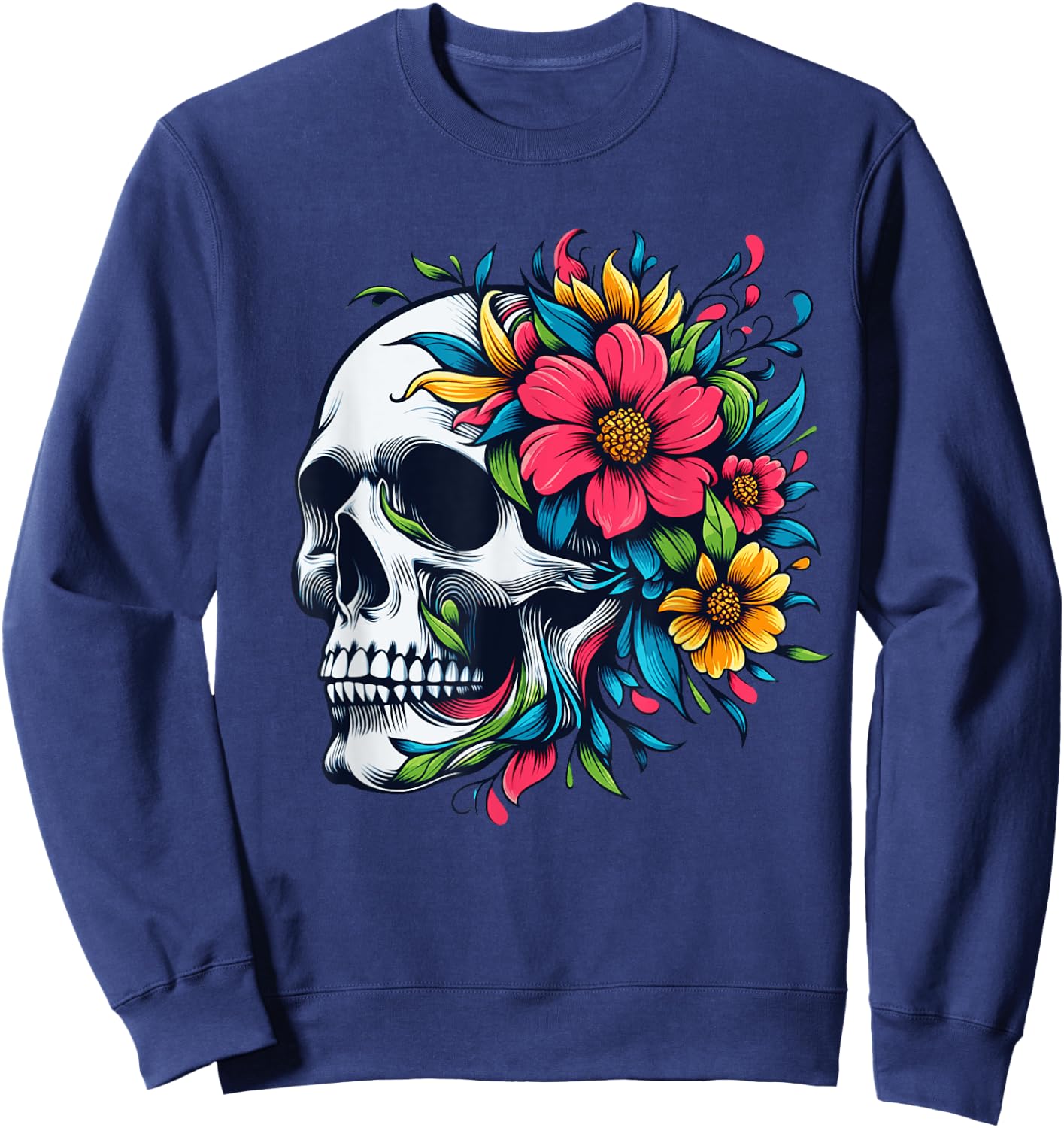 Flower Skull Floral Abstract Bloom & Bone - Life & Death Art Sweatshirt - Sweatshirt | Navy