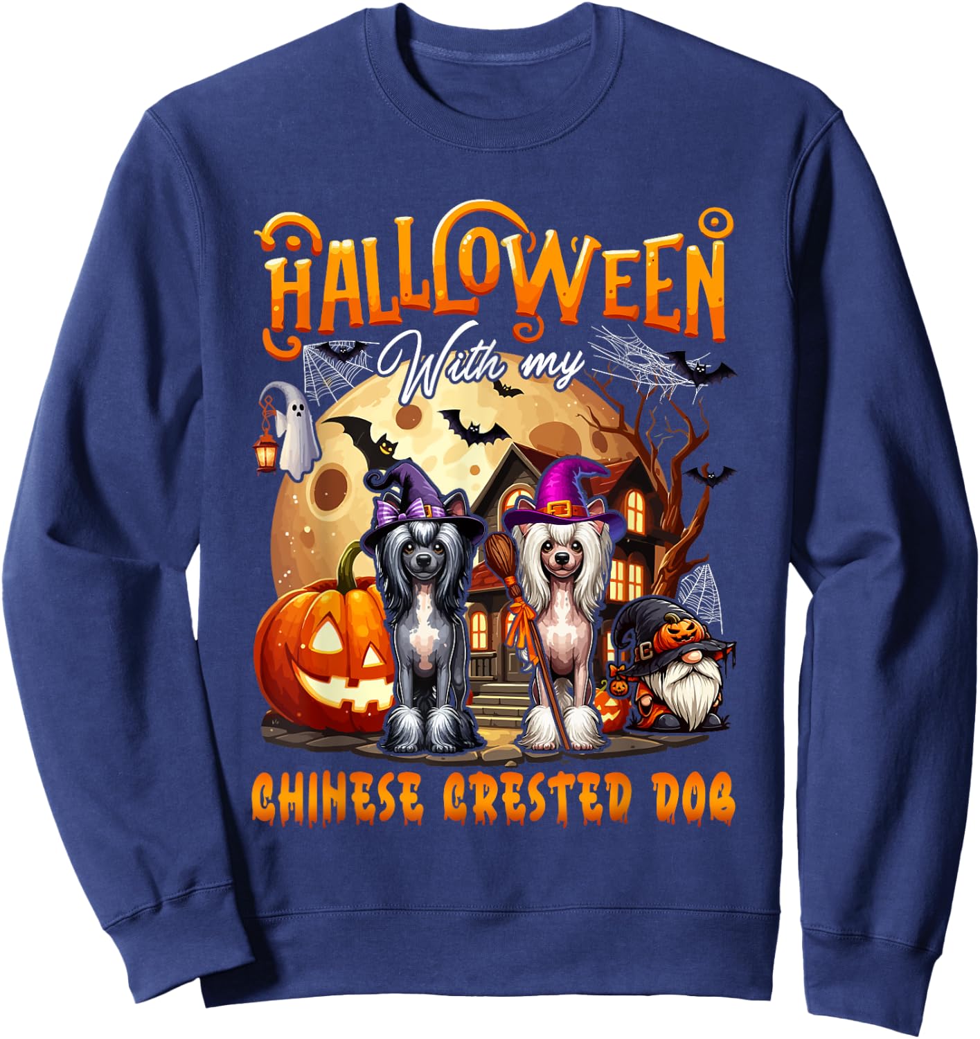Halloween With My Chinese Crested Cute Dogs Cosplay Witch Sweatshirt - Sweatshirt | Navy
