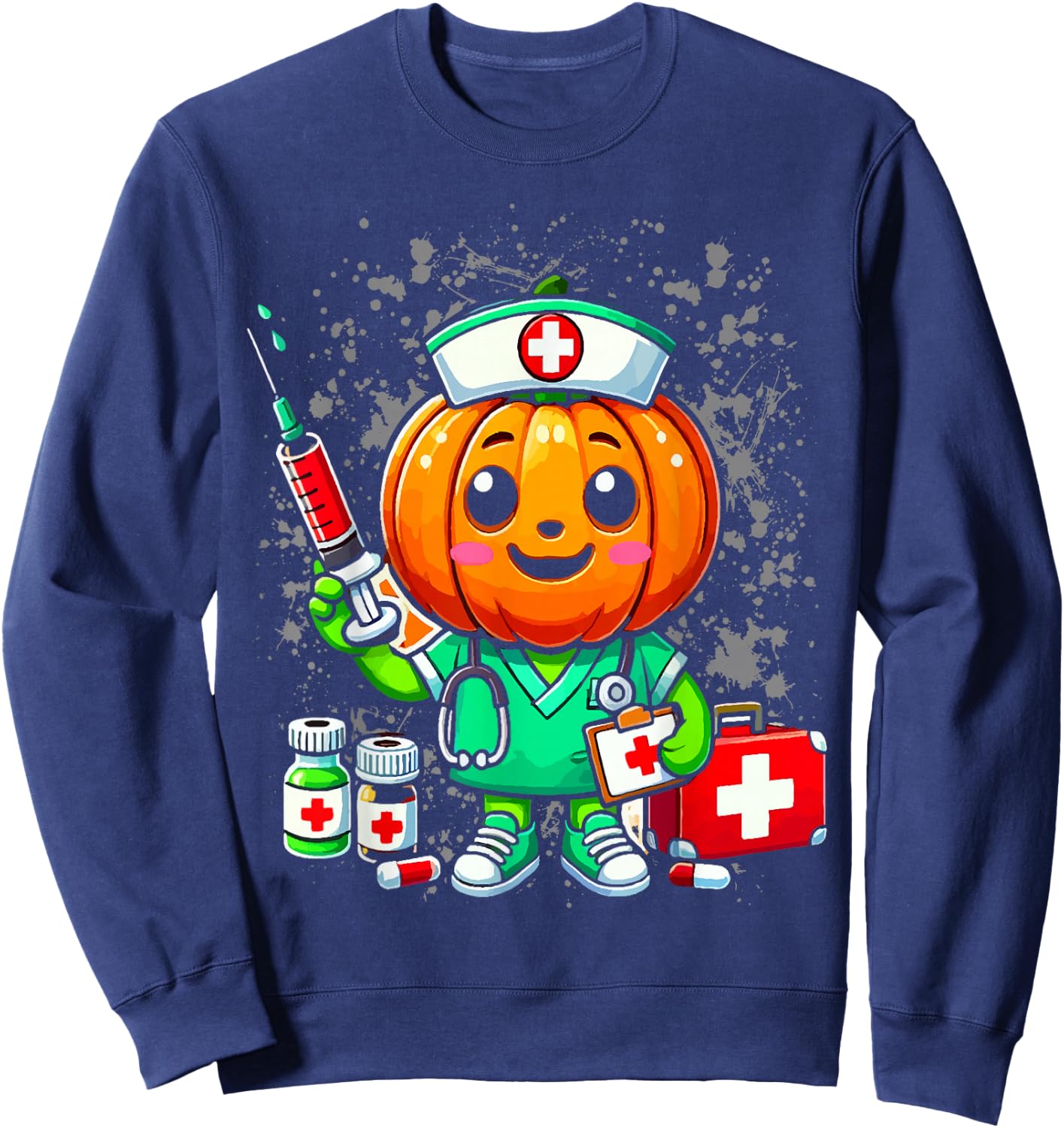 Halloween Nurse Pumpkin Nursing Scrub Top Costume Women Men Sweatshirt - Sweatshirt | Navy