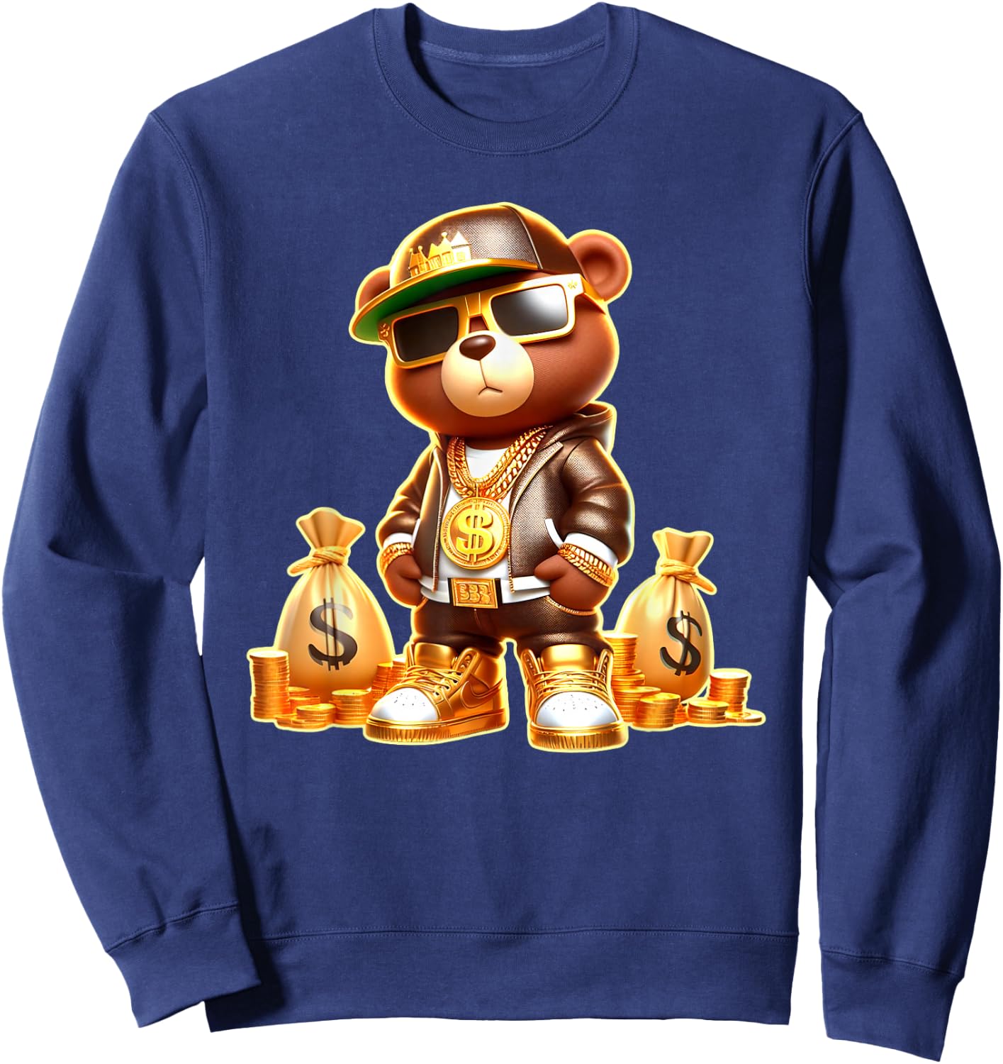 Golden Teddy Bear Boss Money Bags Golden Coins & Chain Sweatshirt - Sweatshirt | Navy