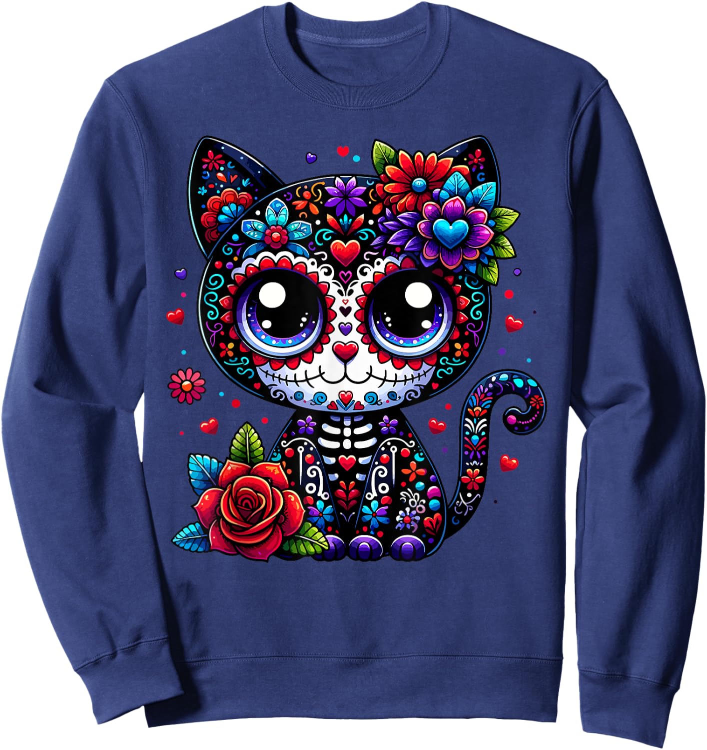 Dia De Los Muertos Cinco De Mayo Cat Sugar Skull Men Women Sweatshirt - Sweatshirt | Navy