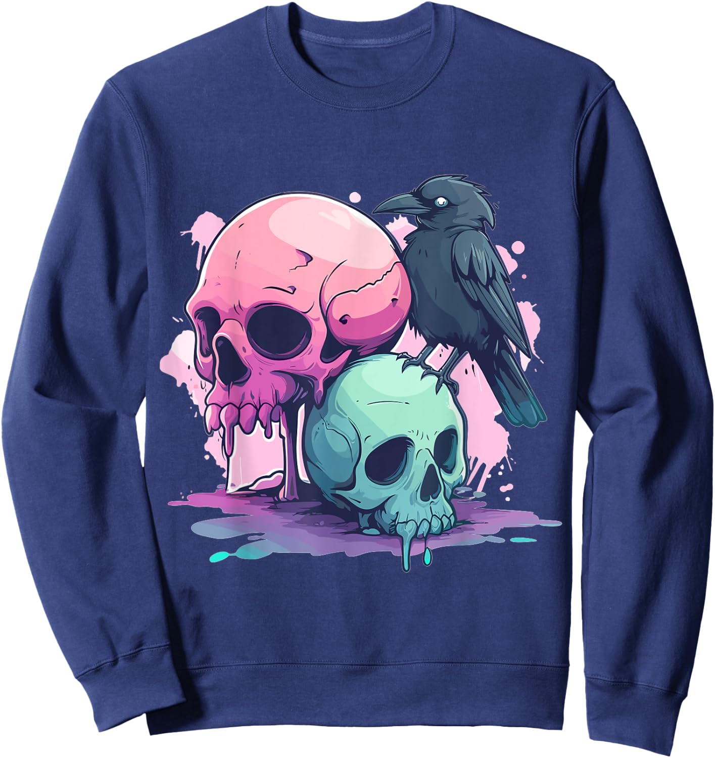 Goth Pastel Cute Creepy Kawaii Skull And Crow Vaporwave Sweatshirt - Sweatshirt | Navy