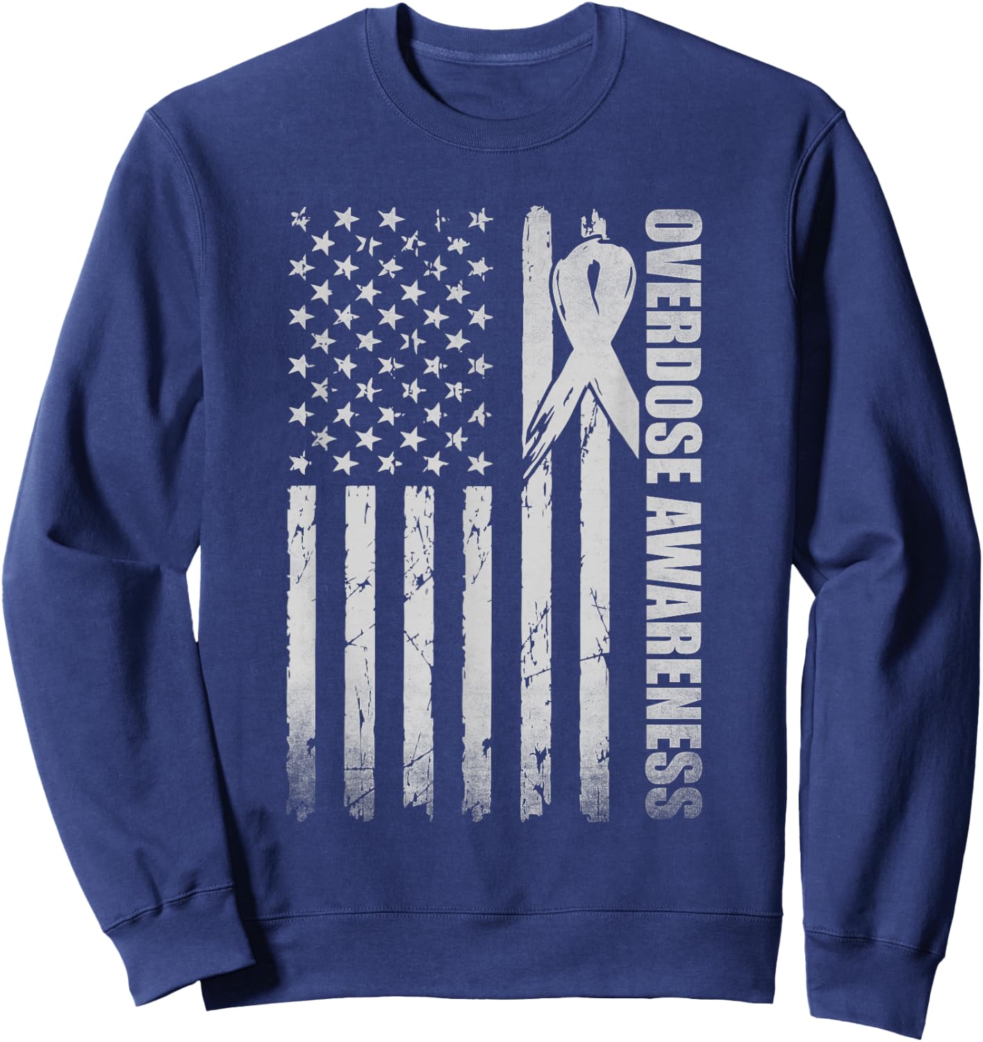 Overdose Awareness Month Purple Ribbon American Flag Sweatshirt - Sweatshirt | Navy