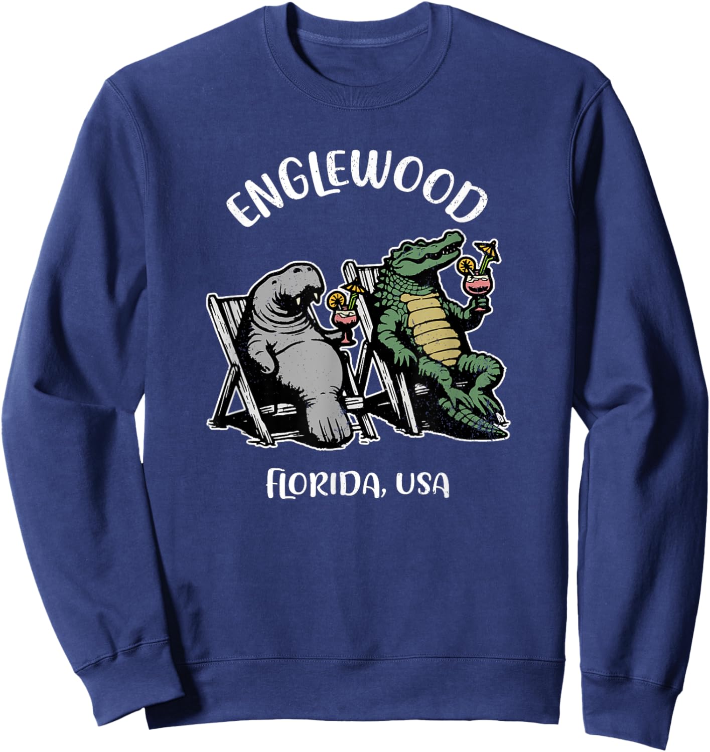 Englewood Florida USA Funny Manatee and Alligator Design Sweatshirt - Sweatshirt | Navy