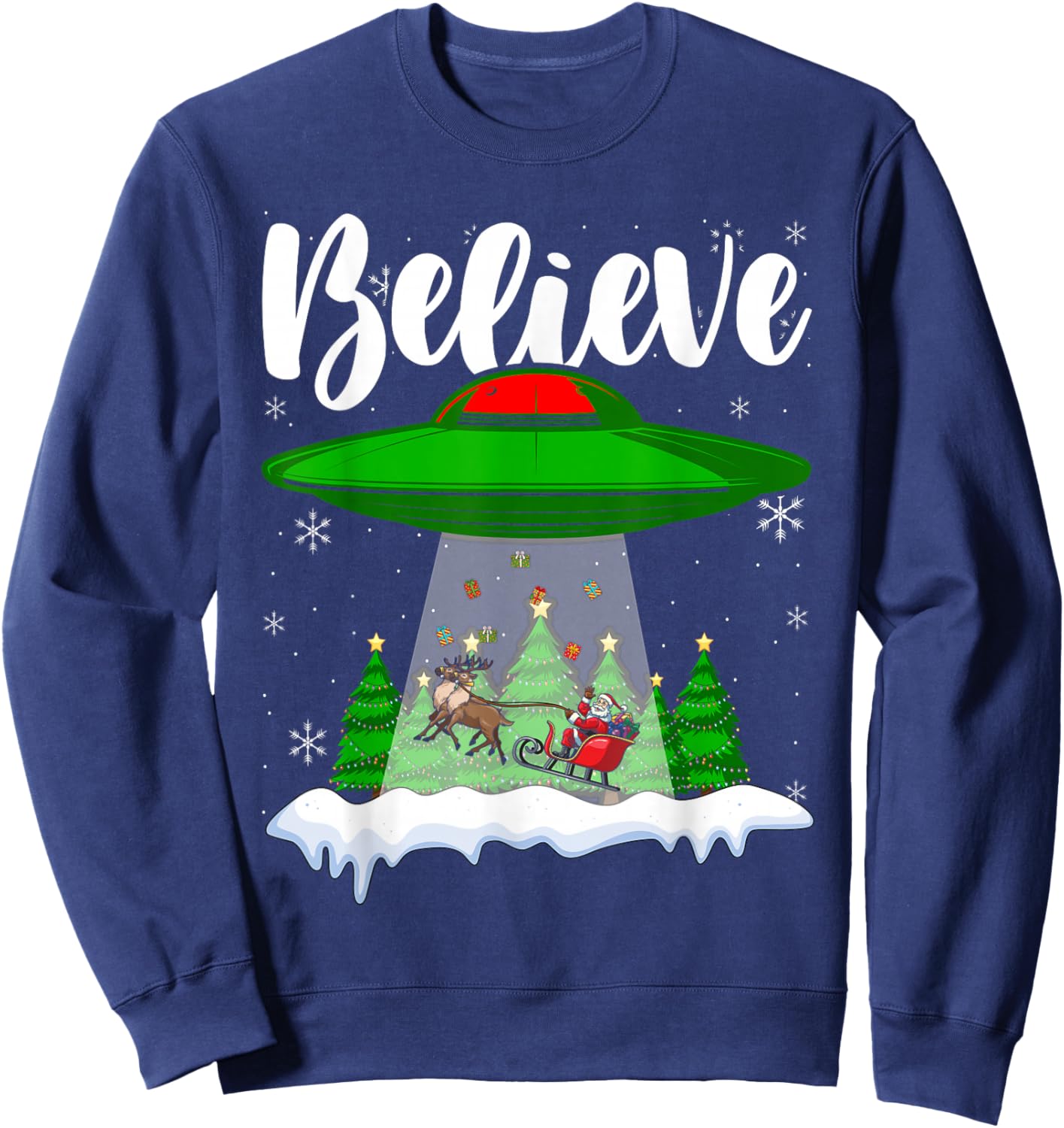Funny Christmas Alien UFO Santa Claus Xmas Believe Sweatshirt - Sweatshirt | Navy