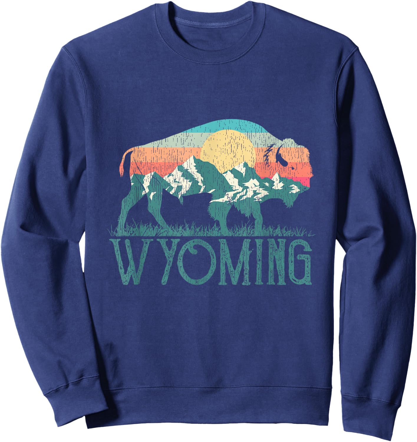 Bison Buffalo Retro Mountains WY Wyoming Sweatshirt - Sweatshirt | Navy