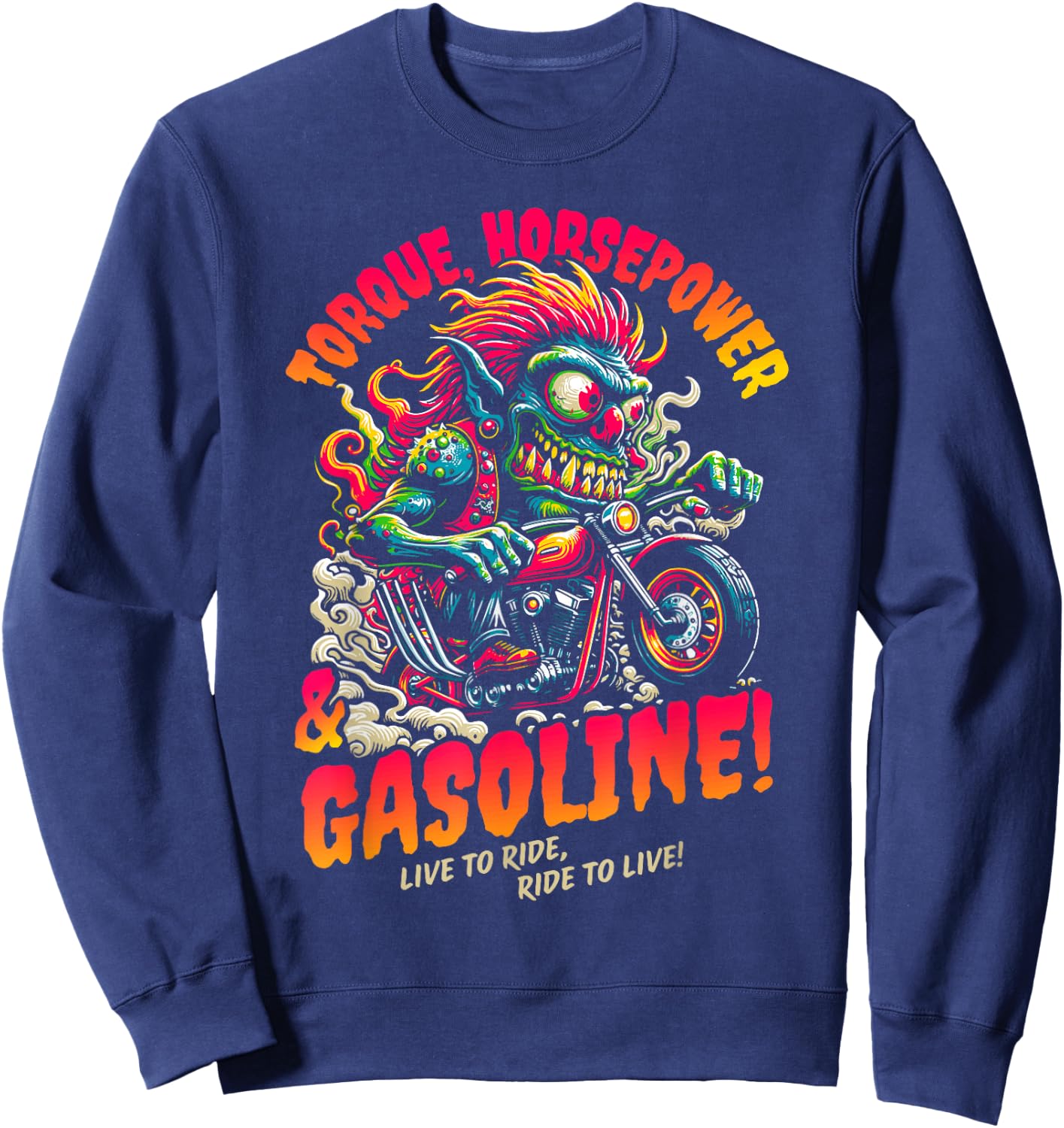 Torque Horsepower and Gasoline Funny Wild Motorcycle Cartoon Sweatshirt - Sweatshirt | Navy
