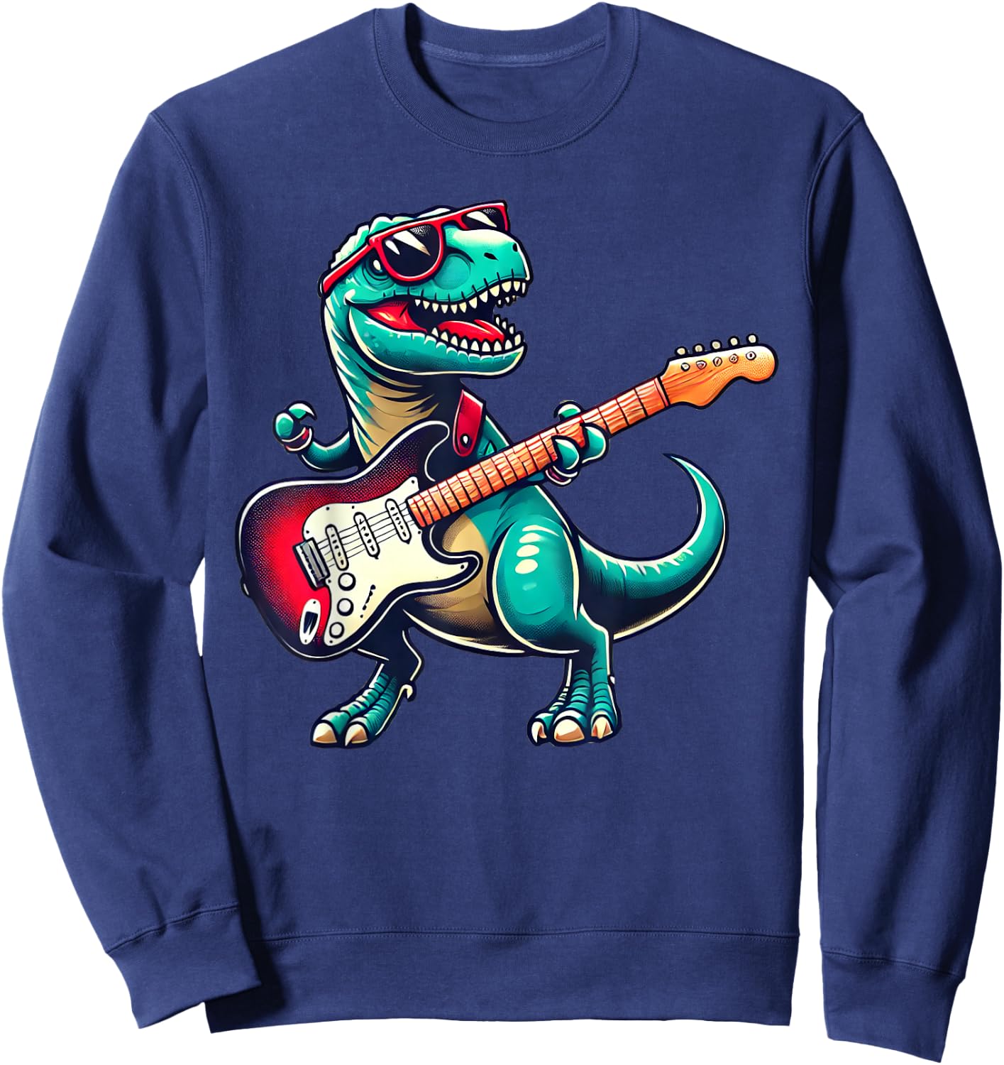 T-Rex Dinosaur Playing Guitar Musician Music Sweatshirt - Sweatshirt | Navy