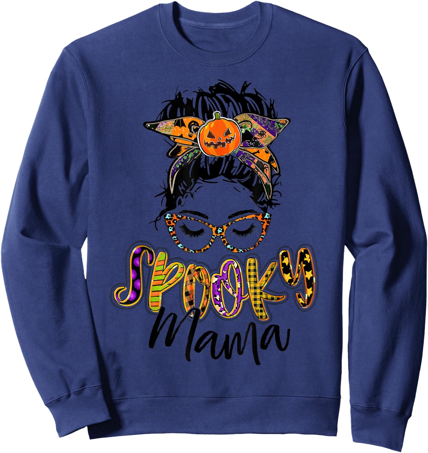 Women Spooky Mama Messy Bun Pumpkin Patch Halloween Sweatshirt - Sweatshirt | Navy