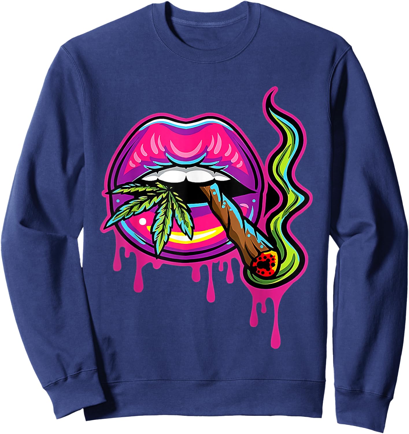 Lips Sexy Smoker Blunt Weed Teeth Marijuana Leaf 420 Sweatshirt - Sweatshirt | Navy
