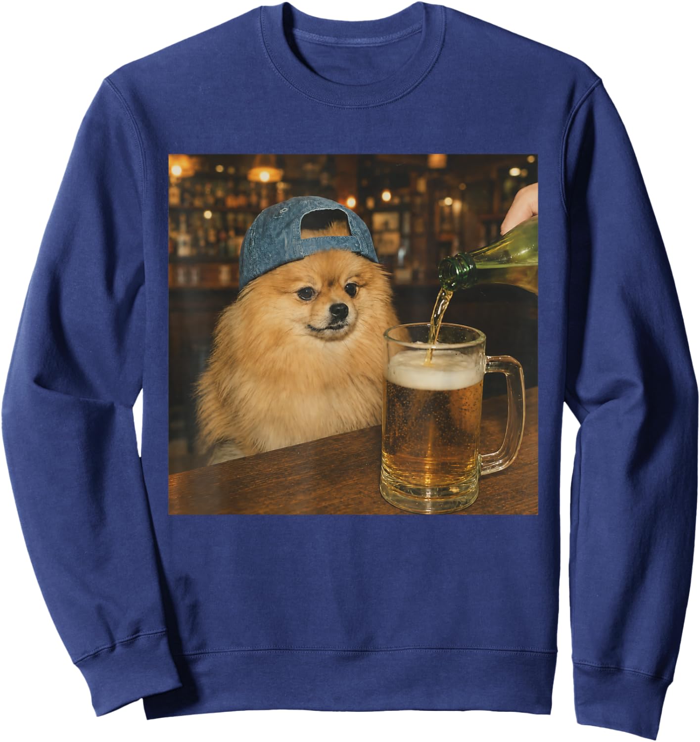 Pomeranian Drinking Beer Shirt Funny Dog Meme Art Vintage Sweatshirt - Sweatshirt | Navy
