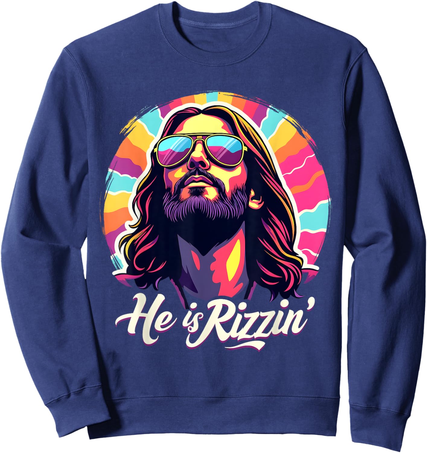 Retro Vintage Jesus Christian He Is Rizzin' Jesus Is Rizzen Sweatshirt - Sweatshirt | Navy