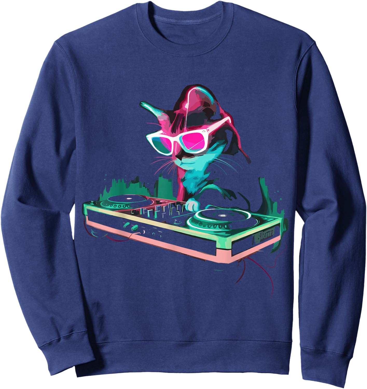 House DJ Cat Rainbow DJ Cat Kitty on Turntable Disco DJ Cat , Small, Black Sweatshirt - Sweatshirt | Navy