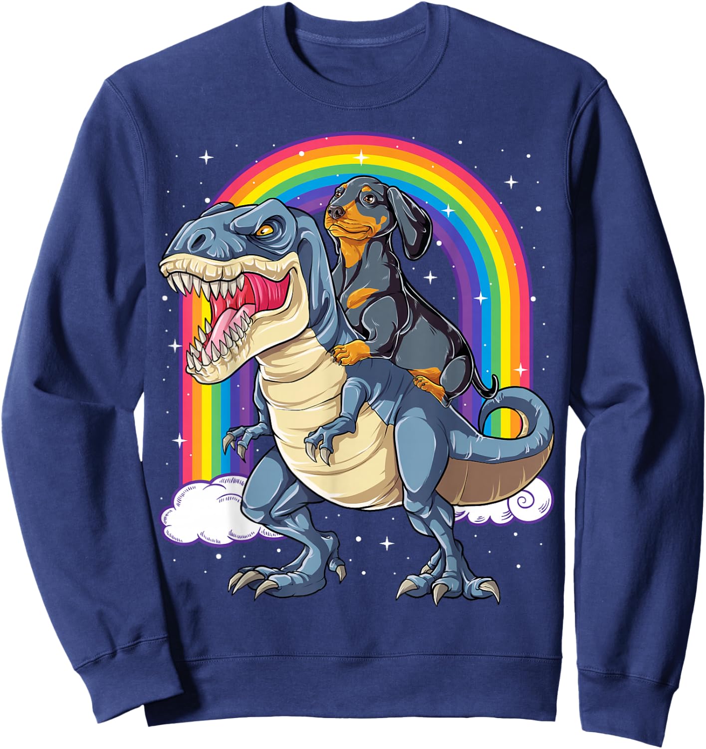 Dachshund Riding Dinosaur T-rex Boys Girls Rainbow Men Women Sweatshirt - Sweatshirt | Navy