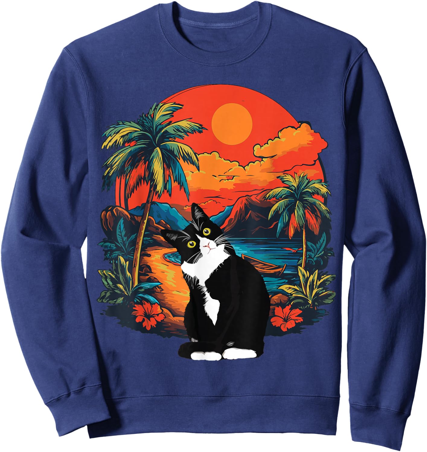 Hawaiian Tropical Tuxedo Cat Mom Dad Gift Animal Lovers Sweatshirt - Sweatshirt | Navy