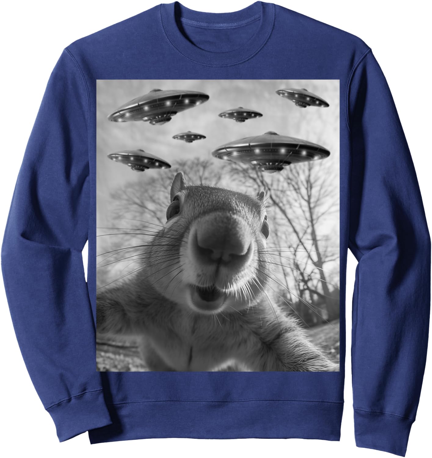 Funny Squirrel Selfie With UFOs Alien Squirrel Selfie Sweatshirt - Sweatshirt | Navy