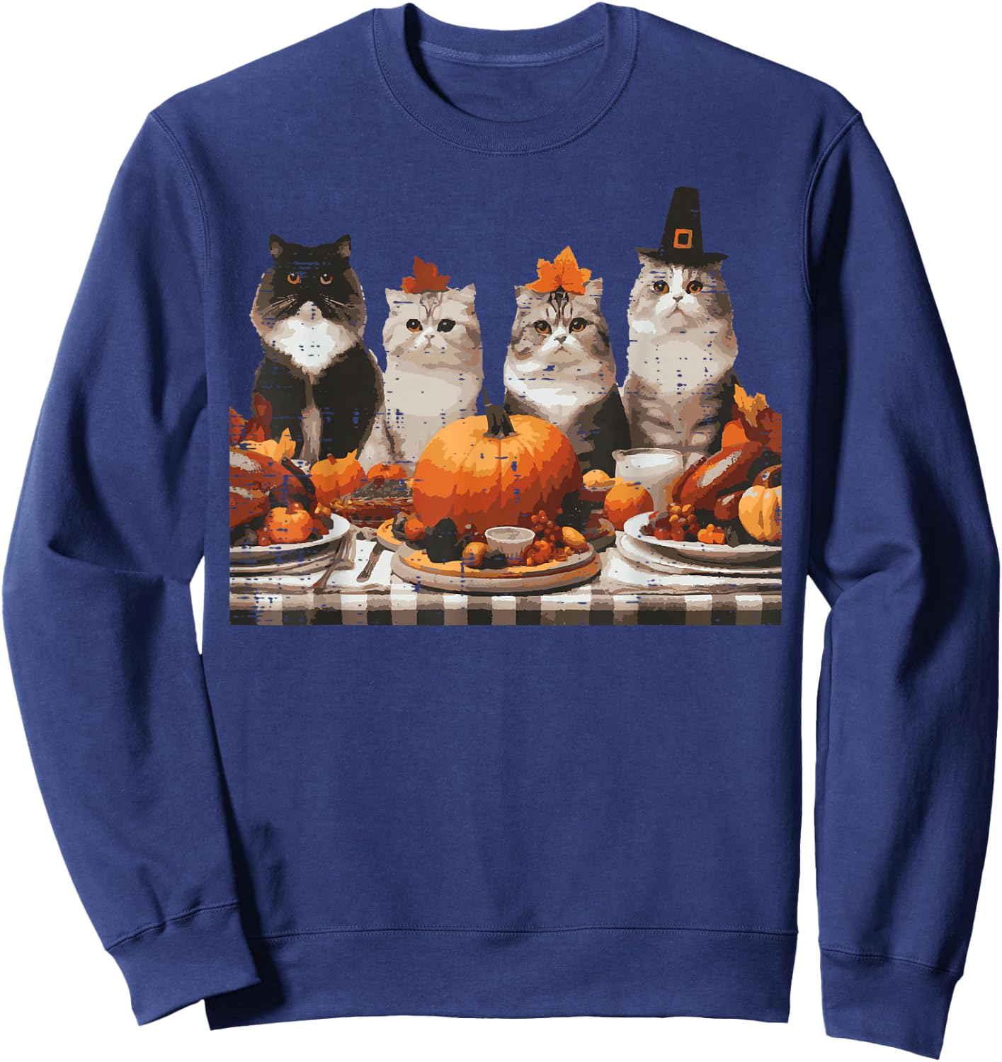 Thanksgiving Cats Dinner Feast Vintage Fall Men Women Kids Sweatshirt - Sweatshirt | Navy