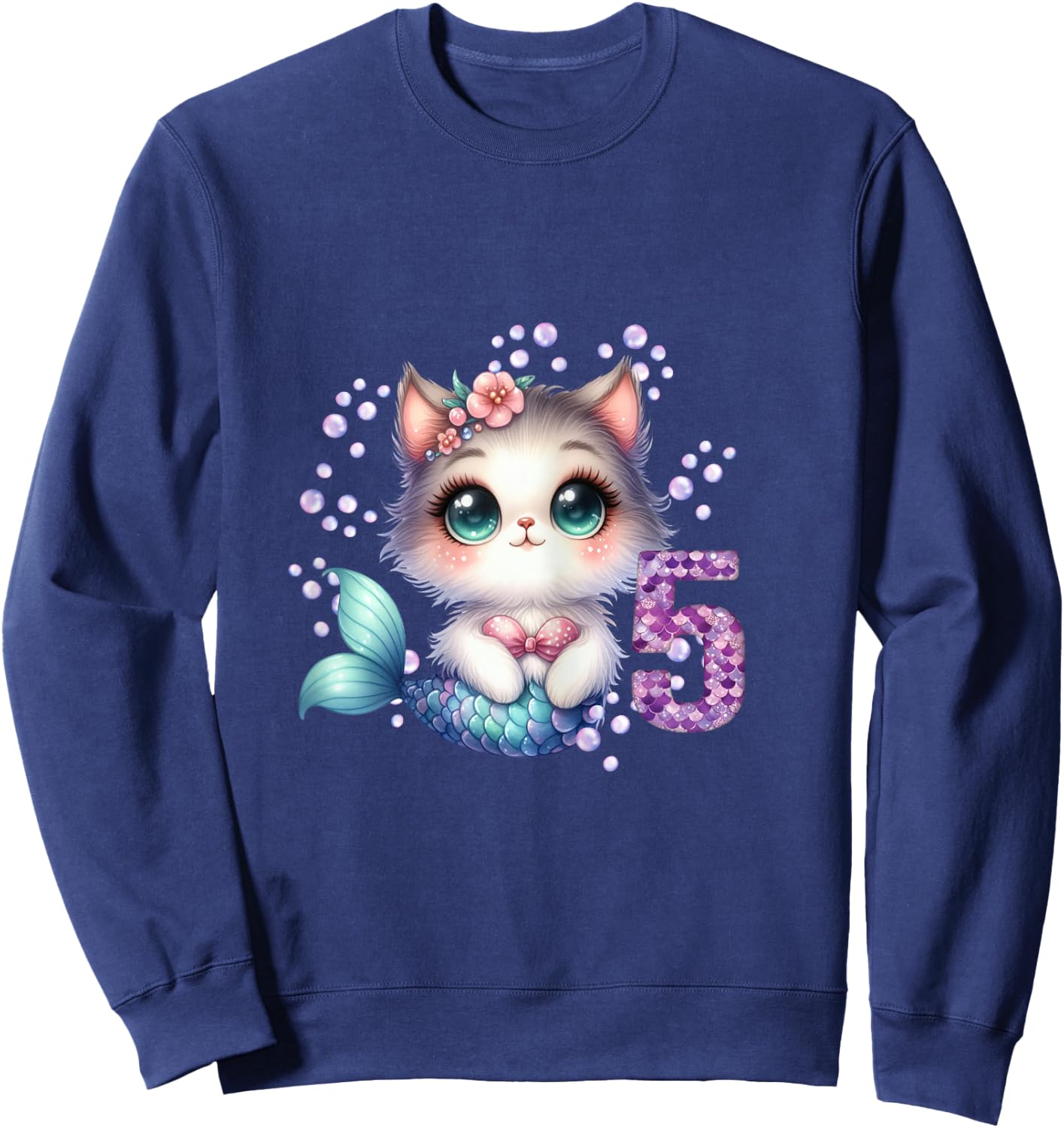 Cat Mermaid 5th Birthday 5 Year Old Party Girls Outfit Sweatshirt - Sweatshirt | Navy