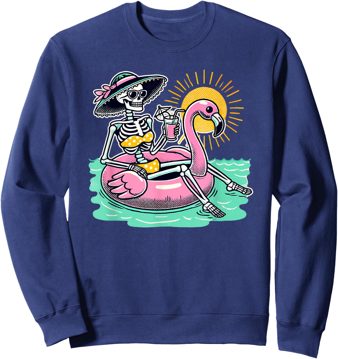 Retro Summer Skeleton Flamingo Float Vacation Beach Drink Men Women Sweatshirt - Sweatshirt | Navy