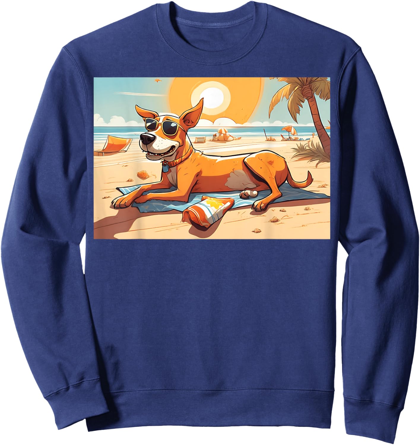 Dog Relaxing On Beach With Sunglasses Towel Snacks Women Sweatshirt - Sweatshirt | Navy