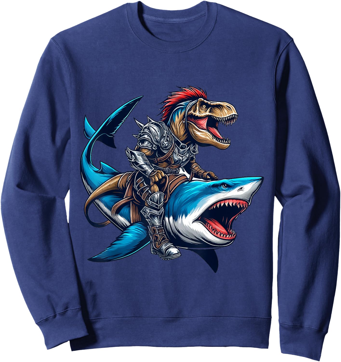 T-Rex Riding Great White Shark into Battle Awesome Kid Sweatshirt - Sweatshirt | Navy