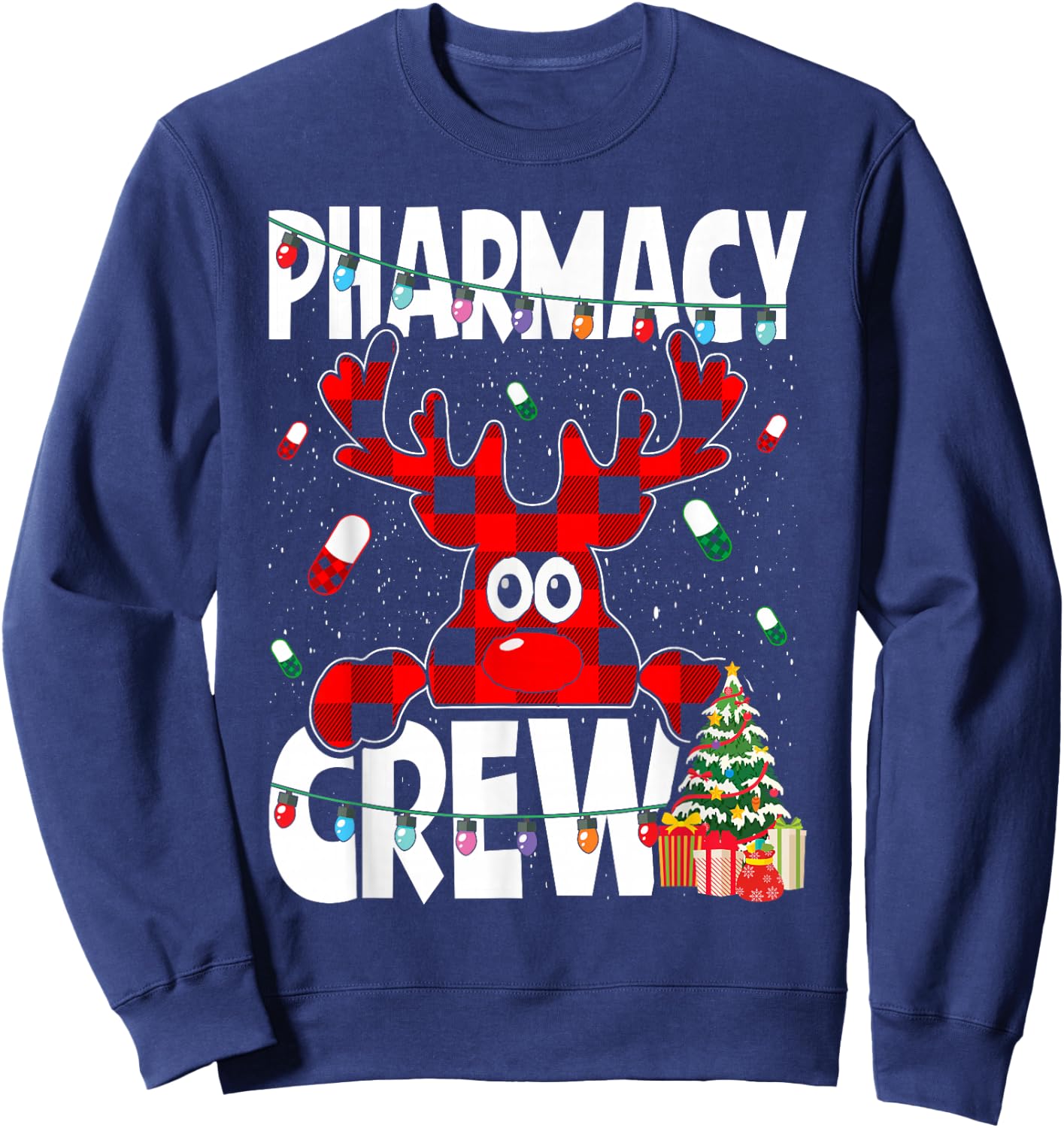 Funny Red Plaid Reindeer Pharmacy Crew Christmas Sweatshirt - Sweatshirt | Navy