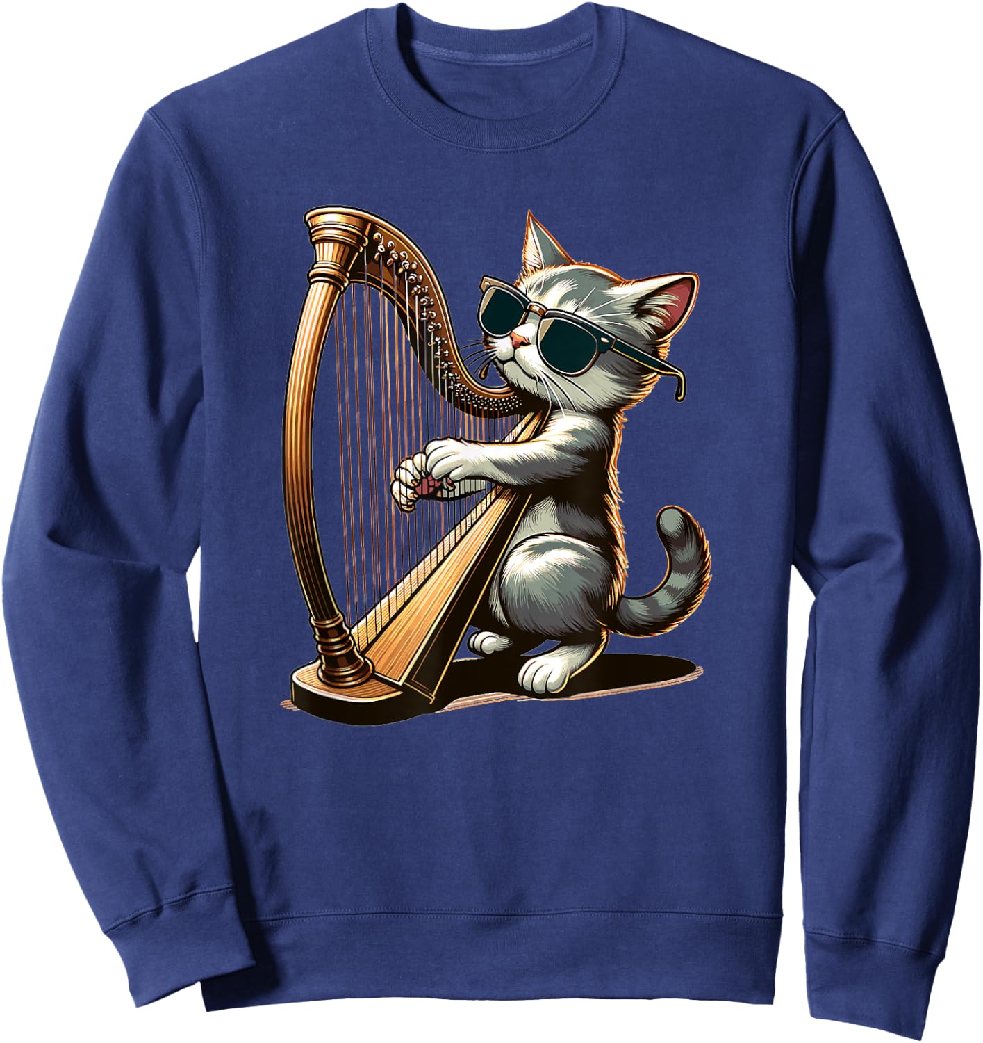 Musician Harpist Cat Wearing Sunglasses Cat Playing Harp Women Kids Sweatshirt - Sweatshirt | Navy