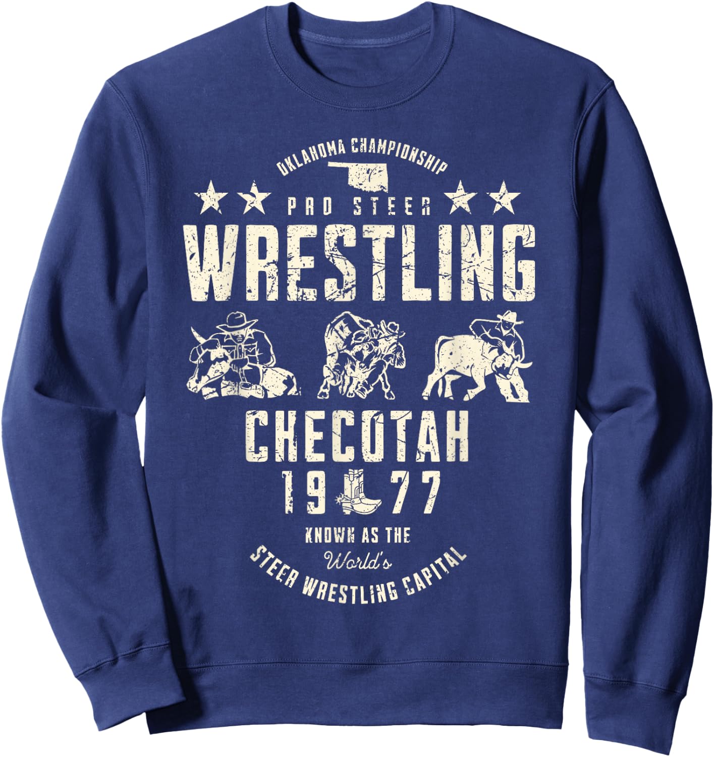Oklahoma Pro Steer Wrestling Checotah 1977 Vintage Sports Sweatshirt - Sweatshirt | Navy