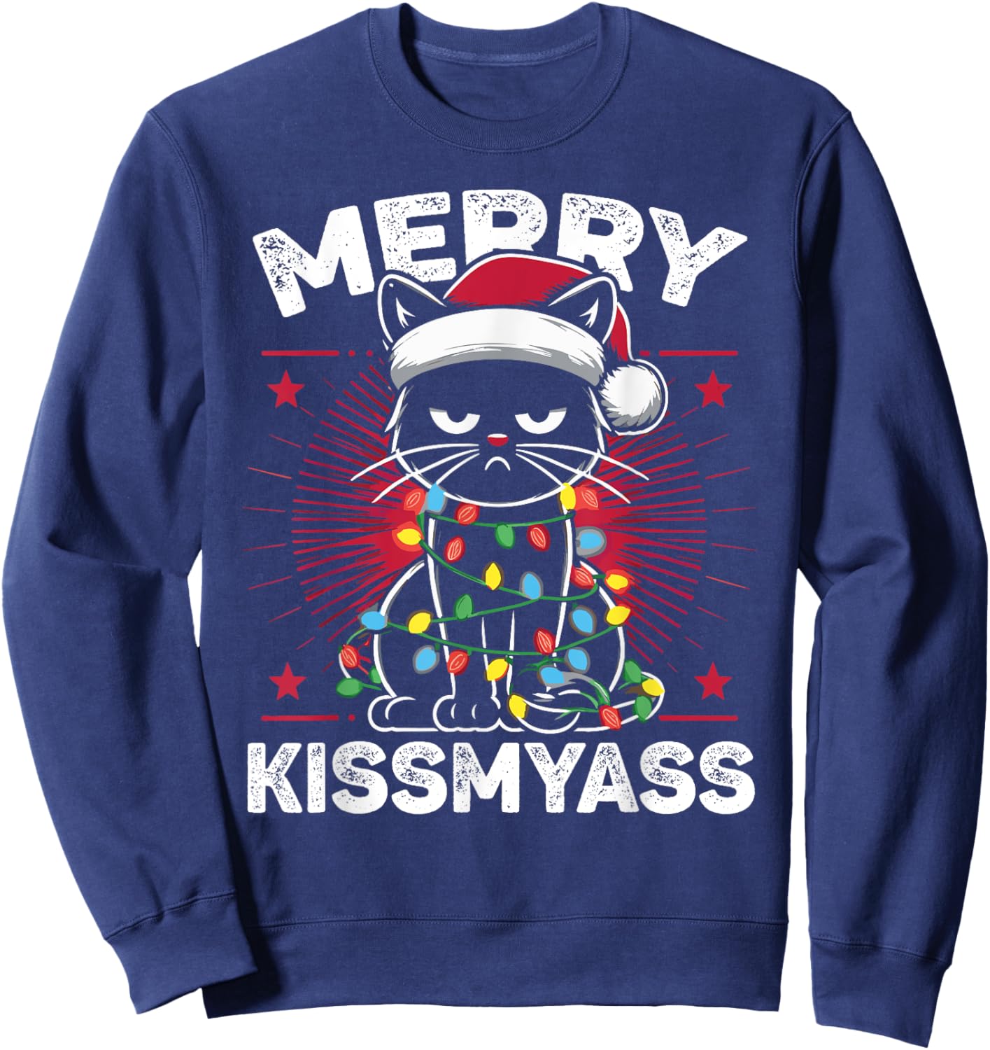 Merry Kissmyass Funny Cat Christmas Lights Christmas Cat Sweatshirt - Sweatshirt | Navy