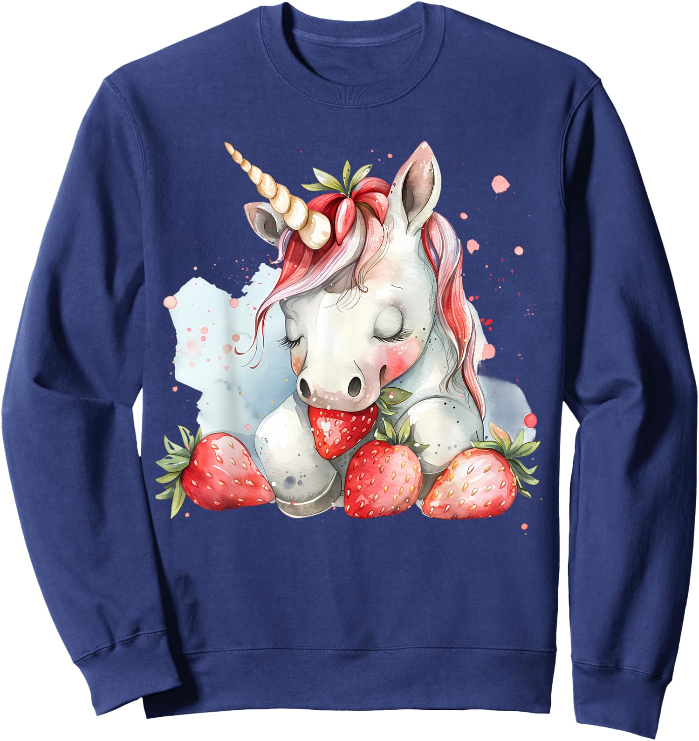 Strawberry Unicorn Cute Strawberries Drawing Watercolor Sweatshirt - Sweatshirt | Navy