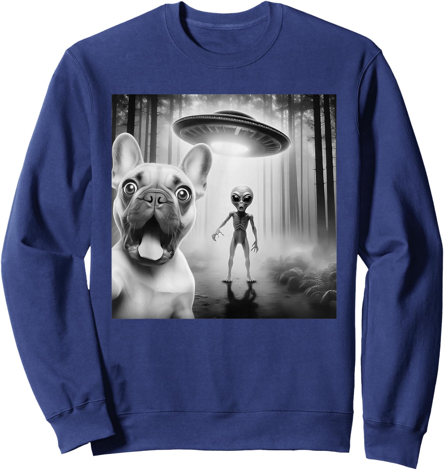 Funny French Bulldog Surprised Selfie with Alien UFO Sweatshirt - Sweatshirt | Navy